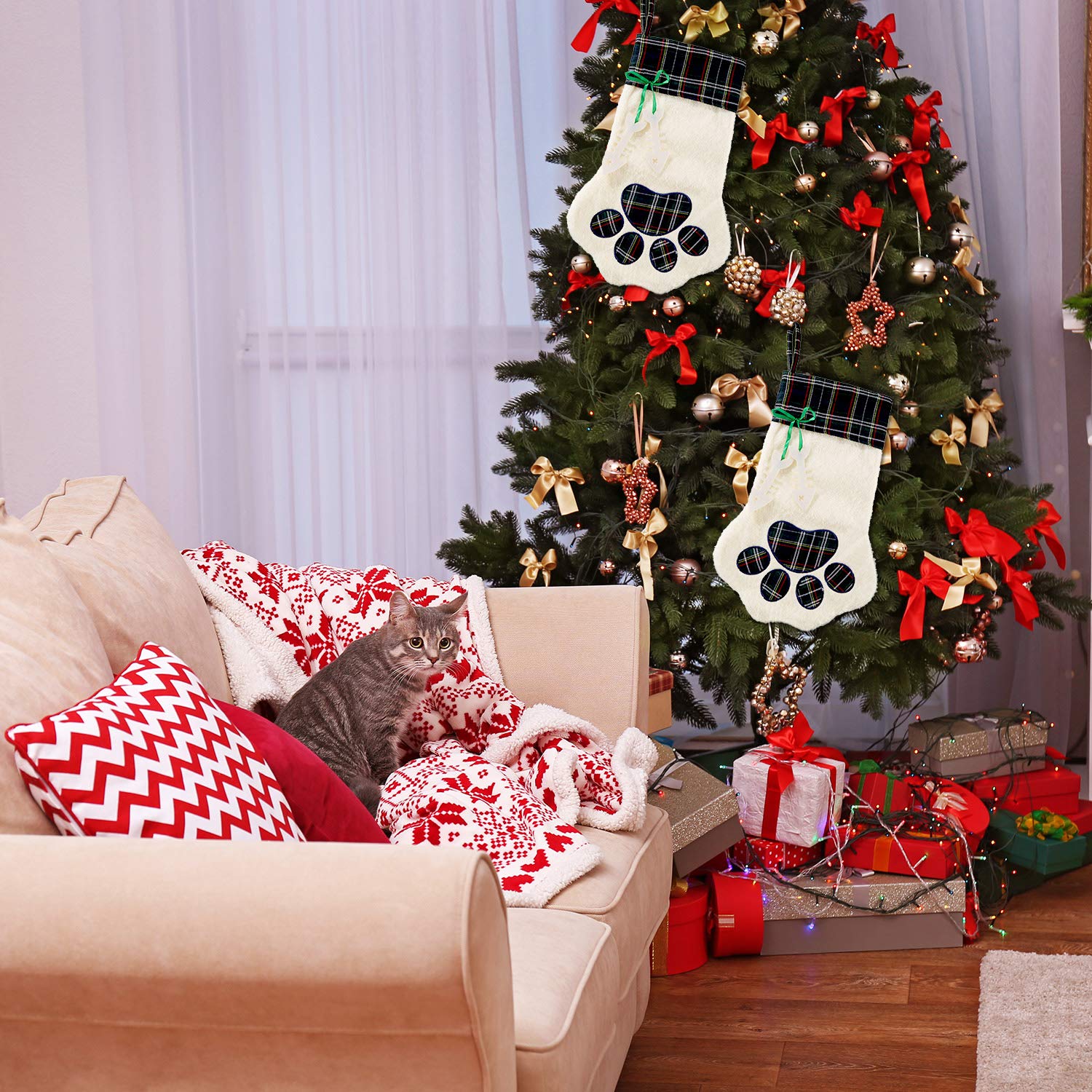 Jetec 2 Pièces Chaussettes de Noël Bas de Modèle Patte Animal de Compagnie Cheminée Bas Suspendus pour Animaux et Décoration de Noël (Vert)