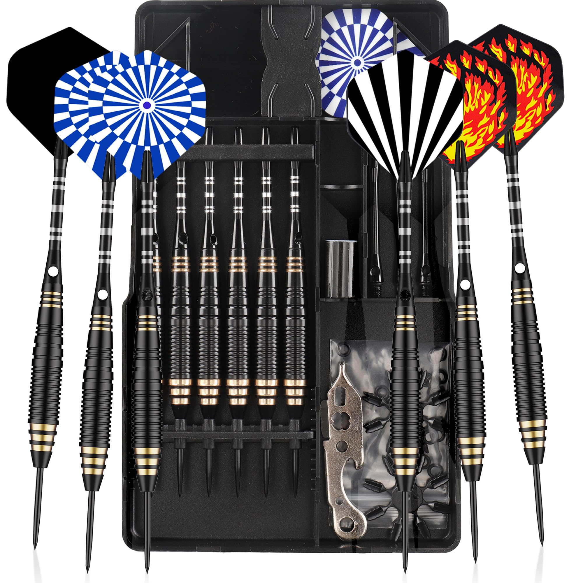 CyeeLife CareGames 6pcs Steel Tip Darts,Professional 24g Metal Dart Set with 12 Dart Flights,9 Aluminum shafts,20 Rubber O-Rings,2 Protectors,Sharpener,Tools and Darts case