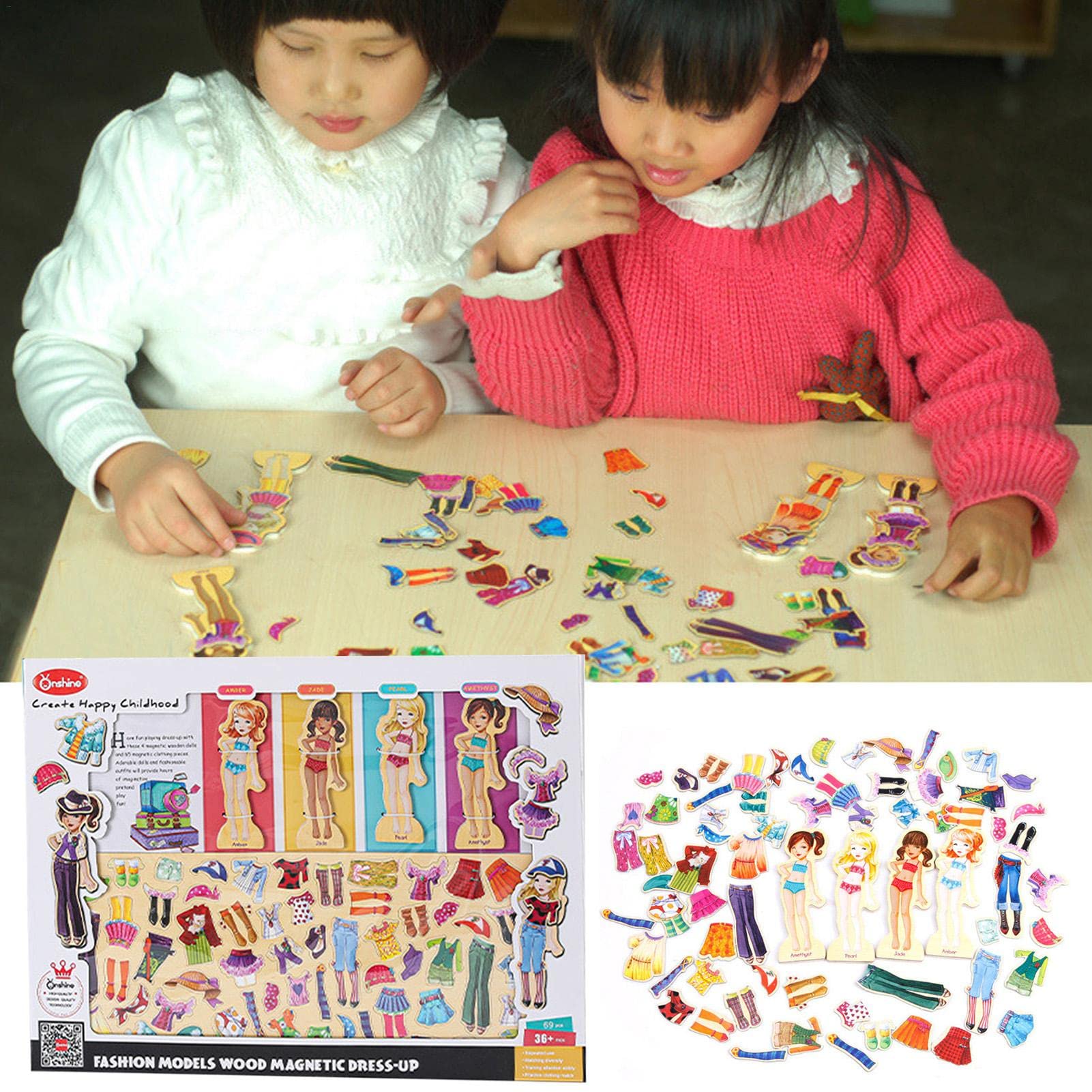 Madera para Vestir | Muñecas Papel Princesa para niñas - Dress-Up Dolls Travel Playset Que Incluye 63 Piezas y 4 muñecas Madera, Estuche magnético para Juegos