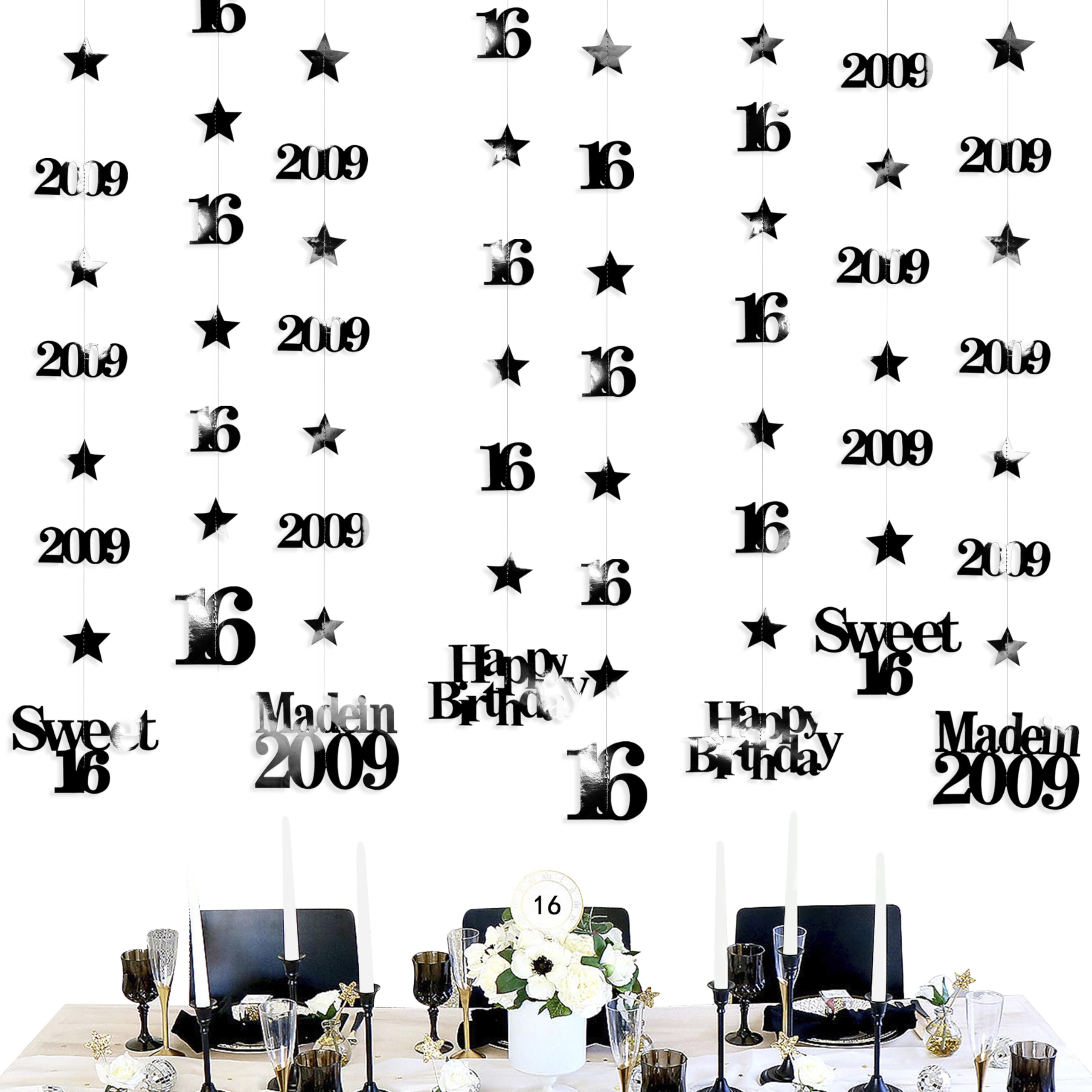 12PCS Black 16th Birthday Decorations Number 16 and 2009 Star Garland Hanging Streamer Banner Backdrop for Girls Boys Cheers to 16 Years Old Birthday Made in 2009 Sweet Sixteen Party Decor Supplies