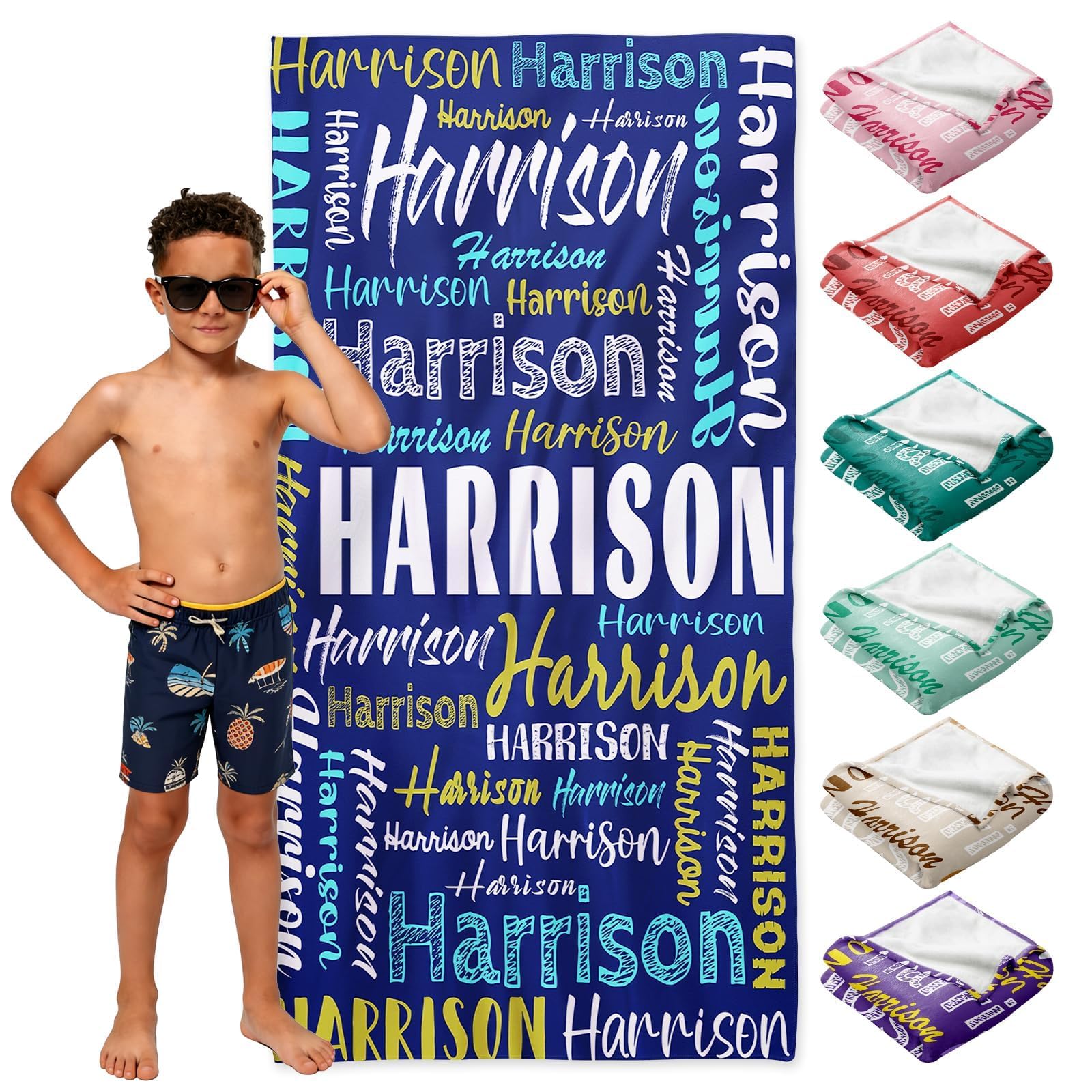 Loosusu Personalised Beach Towels for Kids - Custom Beach Towels with Names- Multiple Colors Monogram Towels for Adults Kids,Customised Bath/Pool/Swim Towel for Boys Girls(Style7)