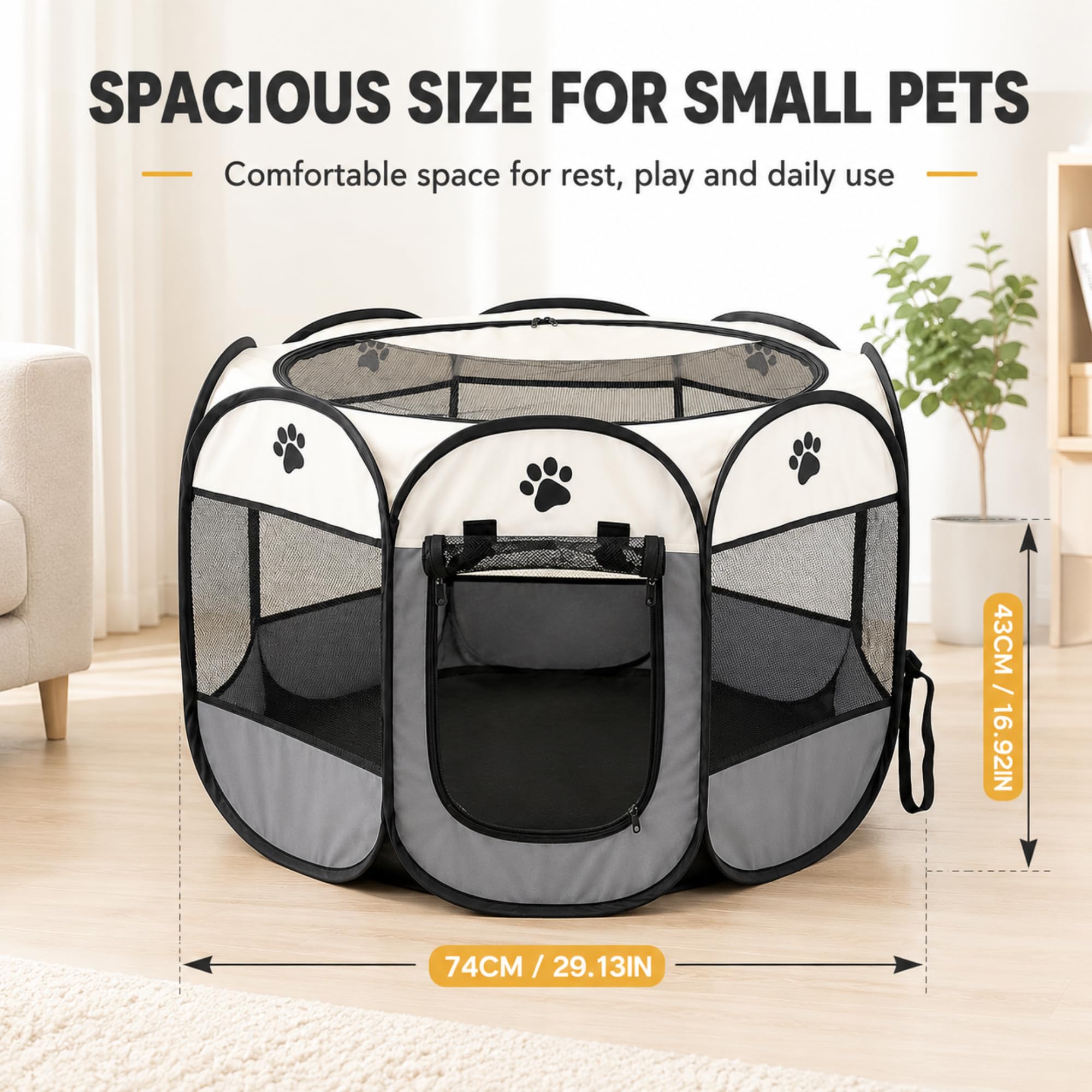 Caño plegable para cachorros, 74 x 74 x 43 cm, parque para cachorros y gatos para el hogar, parque plegable para perros, gatos, conejos, interior y exterior, recinto para animales pequeños (gris)