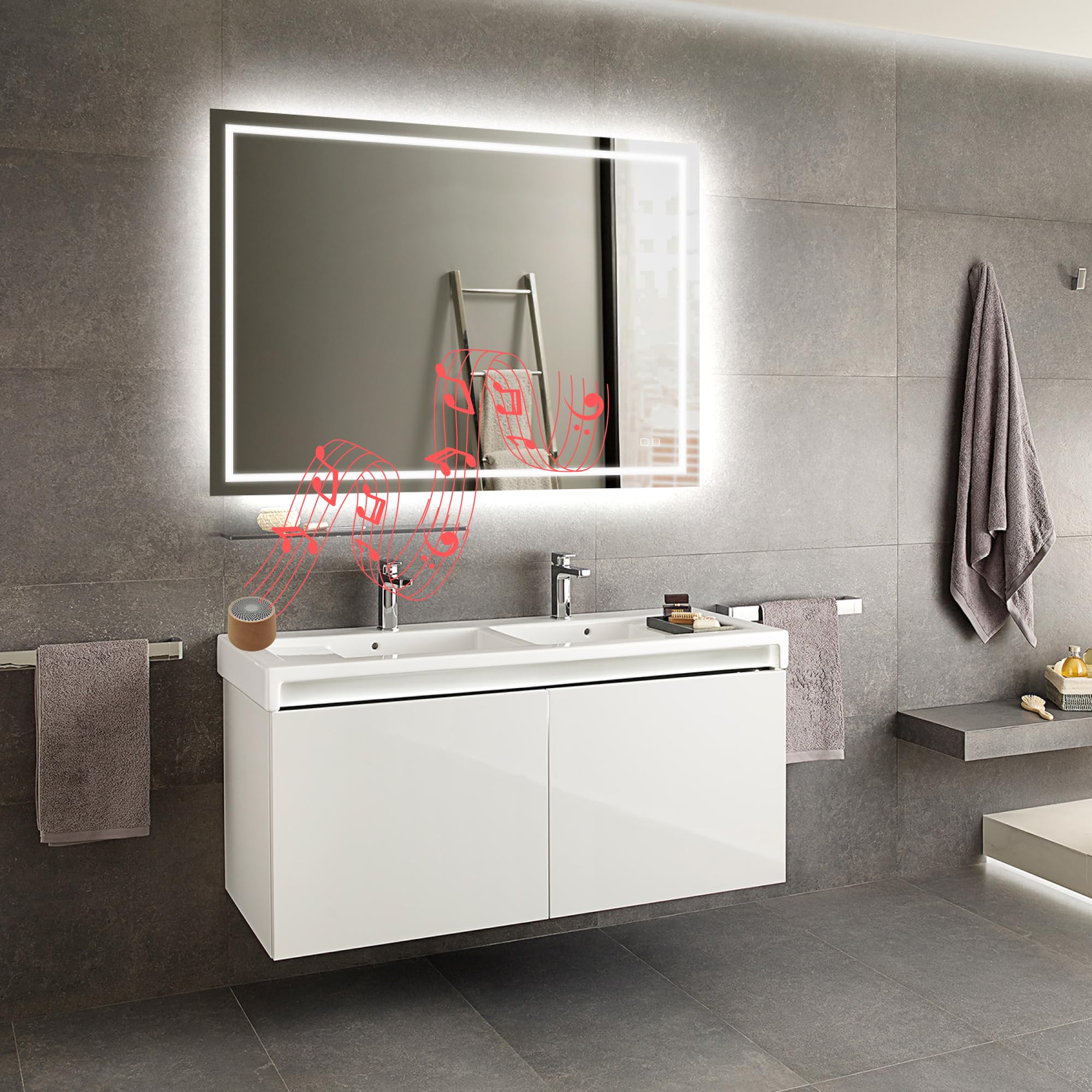 UBUD Espejo de Baño con Luz Led, 100 x 80 cm, Serie Tarraco, con Interruptor Táctil, Altavoz Bluetooth portatil, Protección IP44, Antivaho, Regulación de Intesidad, Vidrio Anti-estallido.