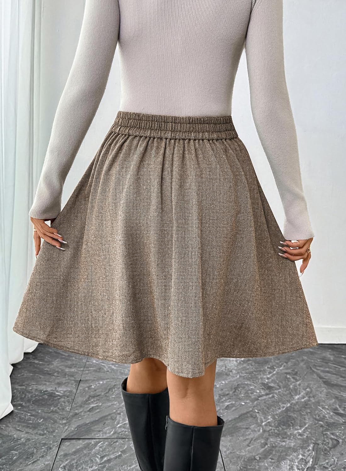 Happy Sailed Womens Winter Fall Tweed High Waisted Flared Mini Skater Skirt A Line Pleated Midi Skirts