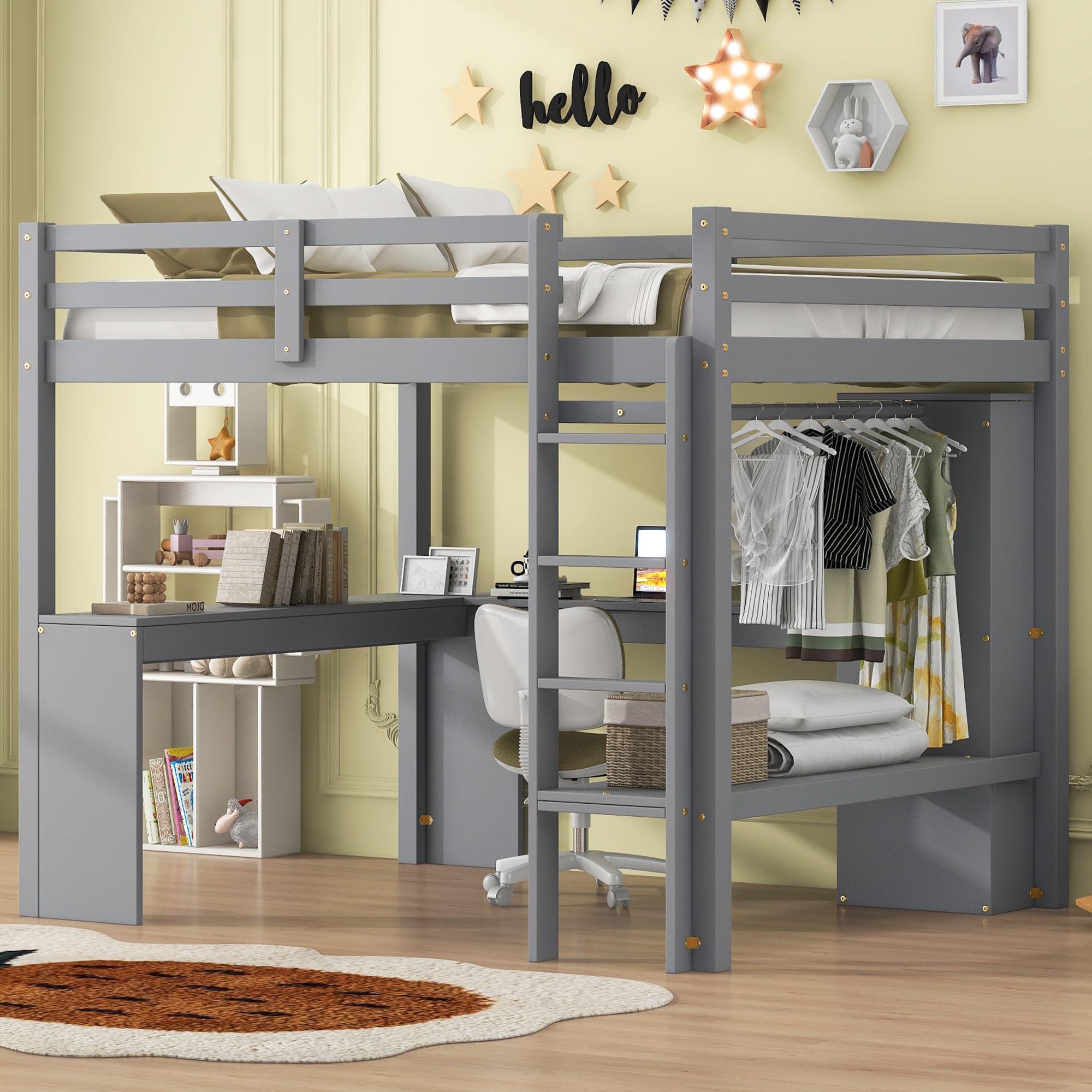 VilroCaz Full Size Loft Bed with L-Shaped Desk and Storage Shelves