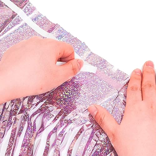 Miniatura 6 de BRAVESHINE 1 Morado 1 Rosa Telón de Fondo de Fiesta de Serpentinas - 3.2 pies x 8.2 pies Cortinas de Flecos de Oropel Metálico para