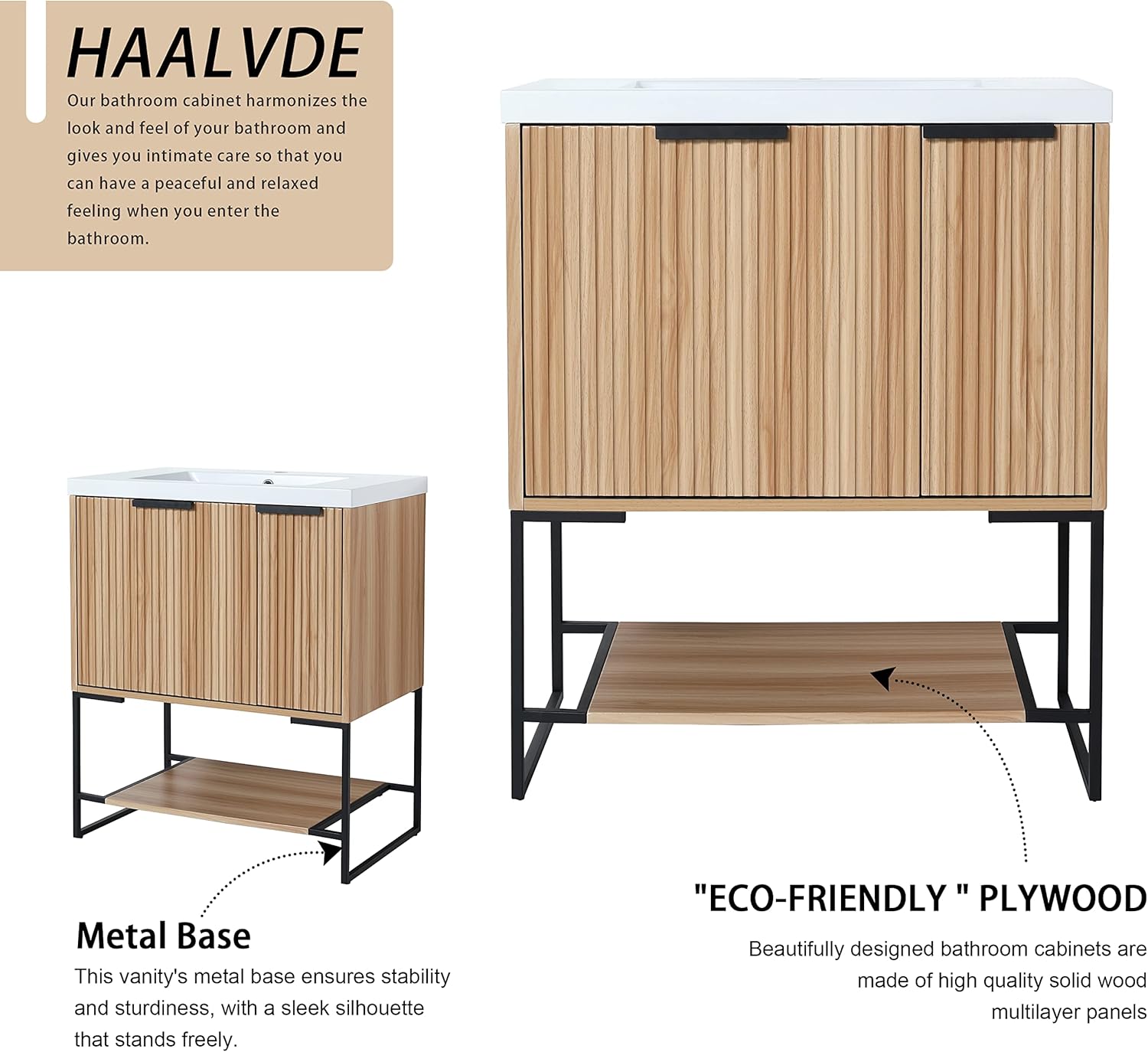 30 Inch Bathroom Vanity with Sink, 30" Freestanding Vanity with Open Shelf and Drawer, Plywood Wooden Bathroom Cabinet with Metal Legs, Modern Floor-Standing Cabinet Set (Maple-Stripe)