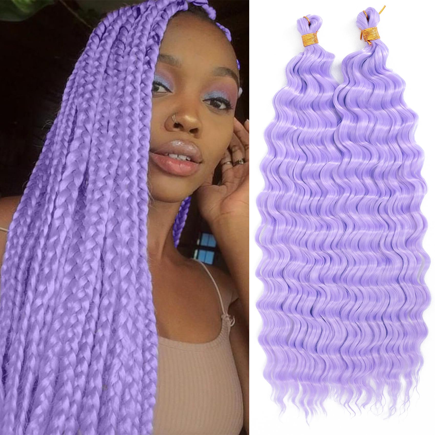 Purple Braiding Hair 18 Inch 2 Packs Long Lavender Purple Deep Ocean Wave Crochet Hair for Black Women Deep Wave Braiding Hair for Boho Braids (18