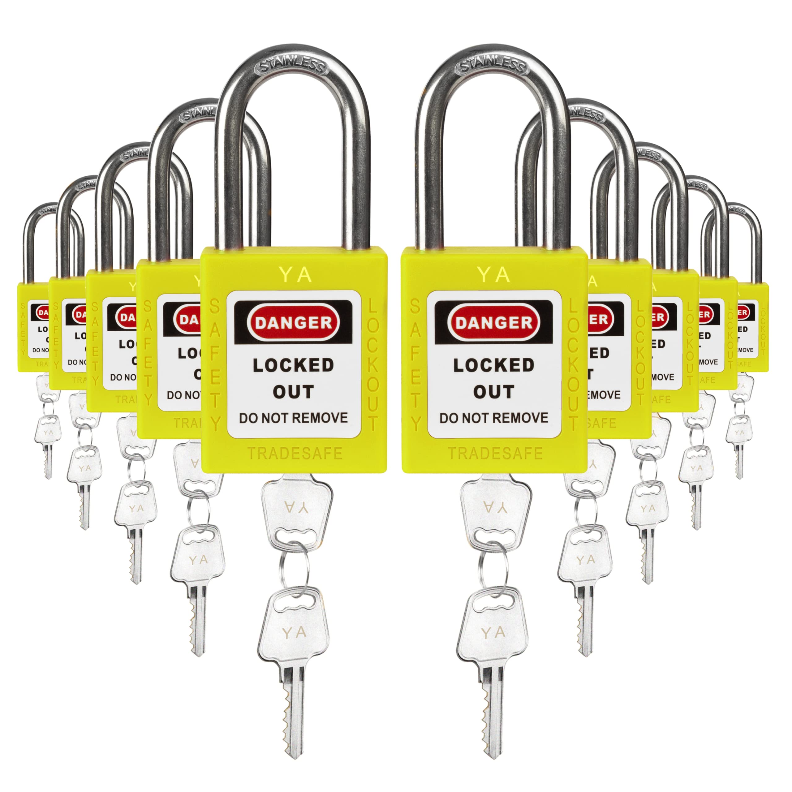 TRADESAFE Lockout Tagout Lock Sets, 10 Yellow Keyed Alike Unlimited Grouping Safety Padlocks, 2 Keys Per Lock, OSHA Compliant Loto Locks, for Lock Out Tag Out Kits