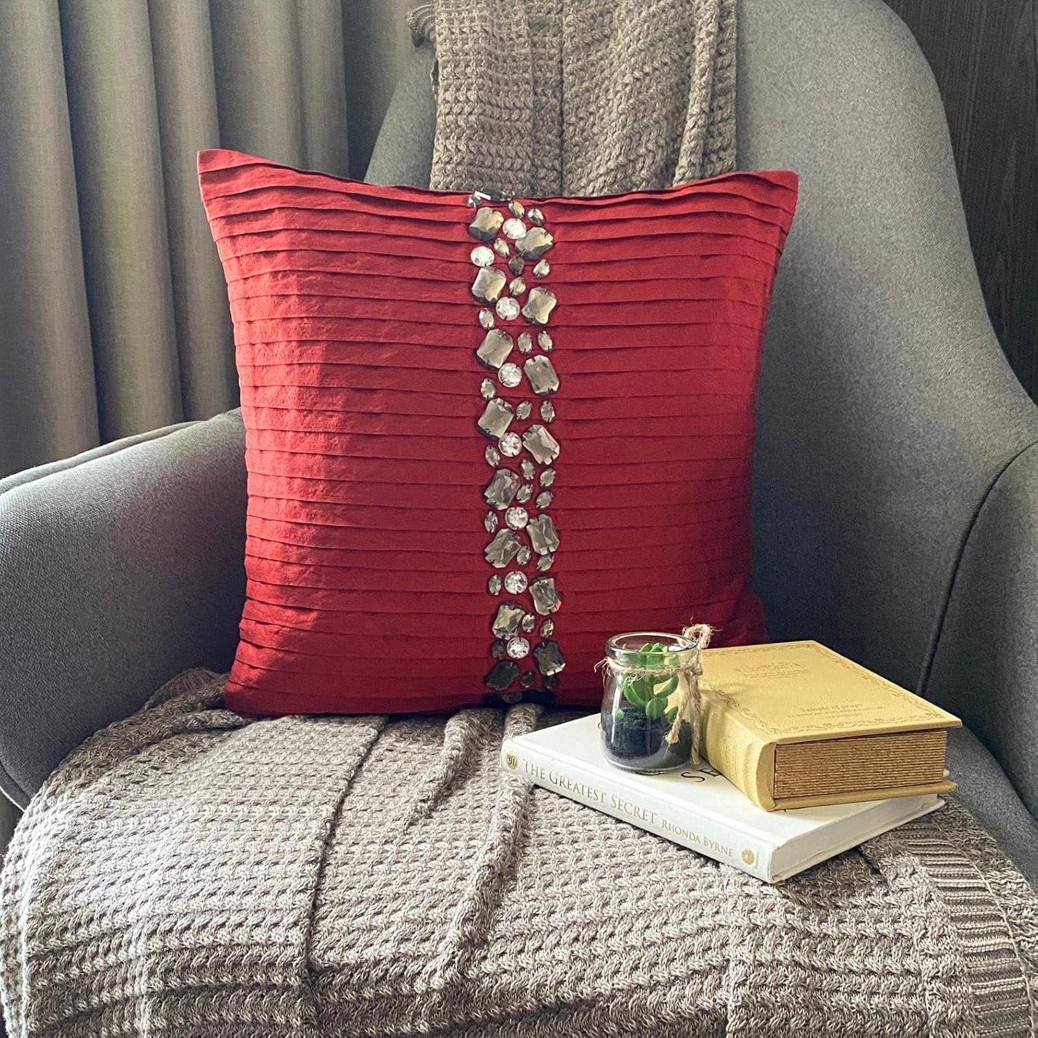 The HomeCentric Red Pillow Cover, Pintucks & Crystals Pillow Cover, 18x18 inch (45x45 cm) Throw Pillow Cover, Square Silk Pillow Cover for Couch, Pillow, Modern, Striped Easter - Deep Red Crystals