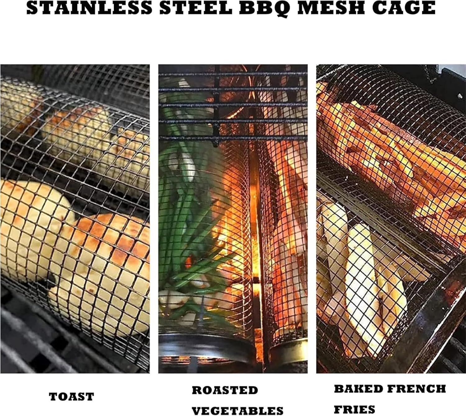 Grill Baskets， Round Stainless Steel Wire Mesh Greatest Grilling Basket Ever For French Fries Fish(3 Pcs,30X9X9cm)