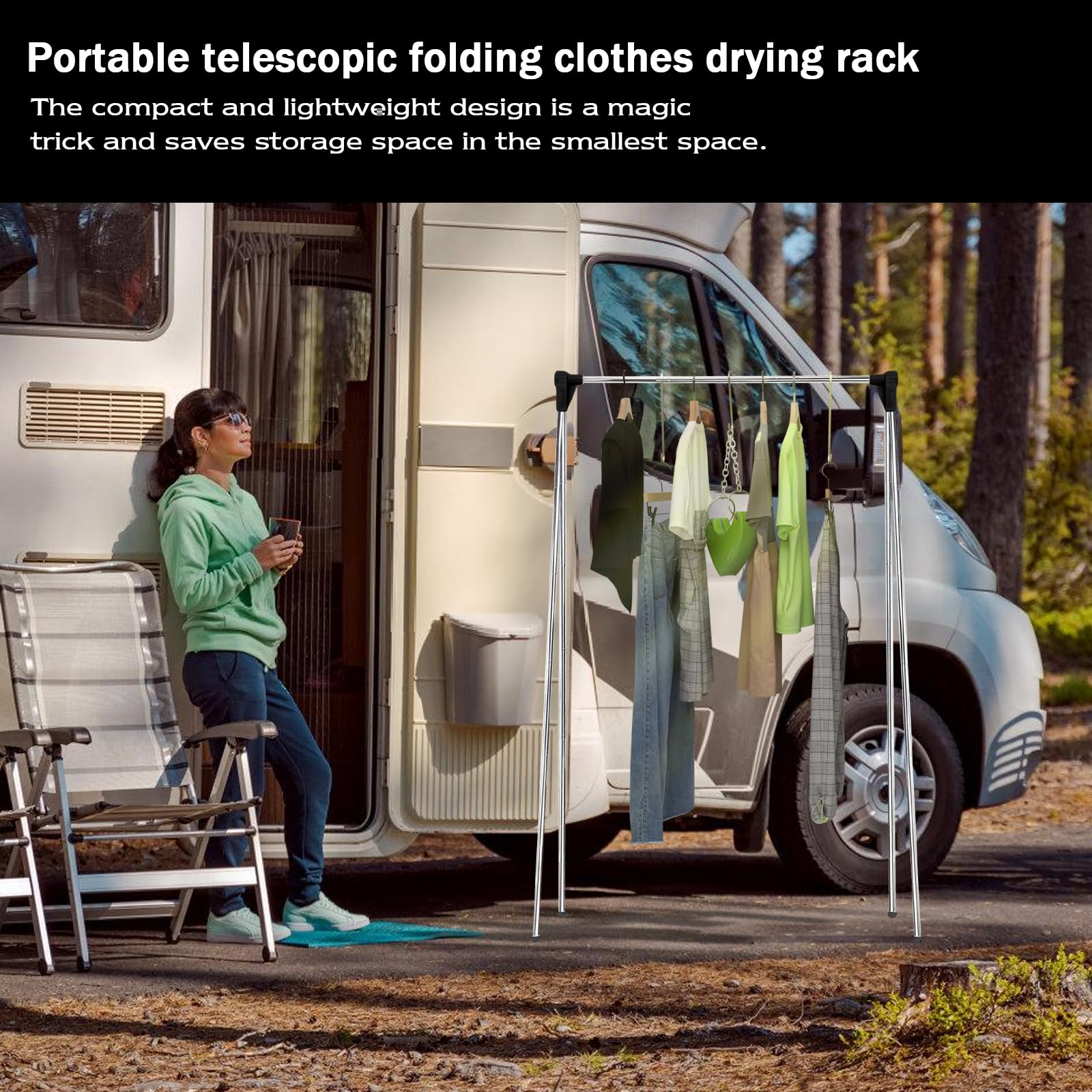 Appendiabiti pieghevole portatile: in acciaio inox, regolabile da viaggio, 32-73 cm, per viaggi, campeggio, escursioni, biancheria a casa, colore nero