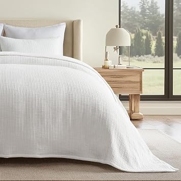 EVERGRACEHOME Cotton Gauze King Bedspread, Ultra Soft Prewashed Pick Stitch Matelasse Coverlet, Lightweight Textured Oversized King Quilt Bedding Set for All Season, with 2 Shams, Ivory White
