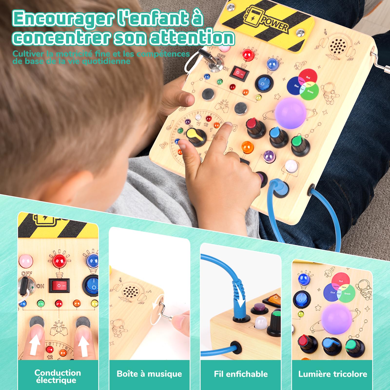 Montessori Busy Board 1 an Enfants Activity Board Jouets en Bois avec 12 Interrupteurs 24 Lumières LED Jouets Sensory Learning Toys Jeux Jeu Montessori Jouet Enfant Bebe 1 2 3 Ans Cadeau Enfant
