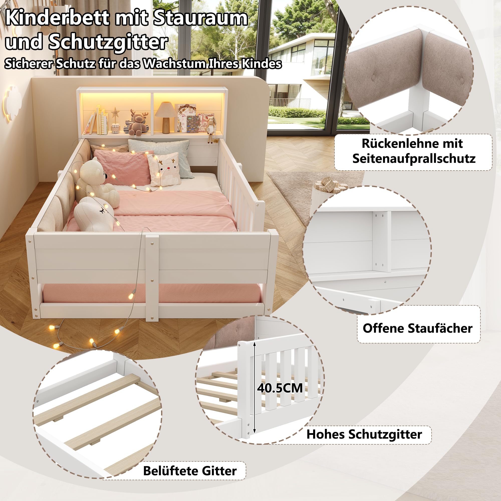 Kebnor Letto piatto a sbalzo, 90 x 200 cm, con griglia laterale, senza materasso, stile minimalista, con barra luminosa a LED, bianco