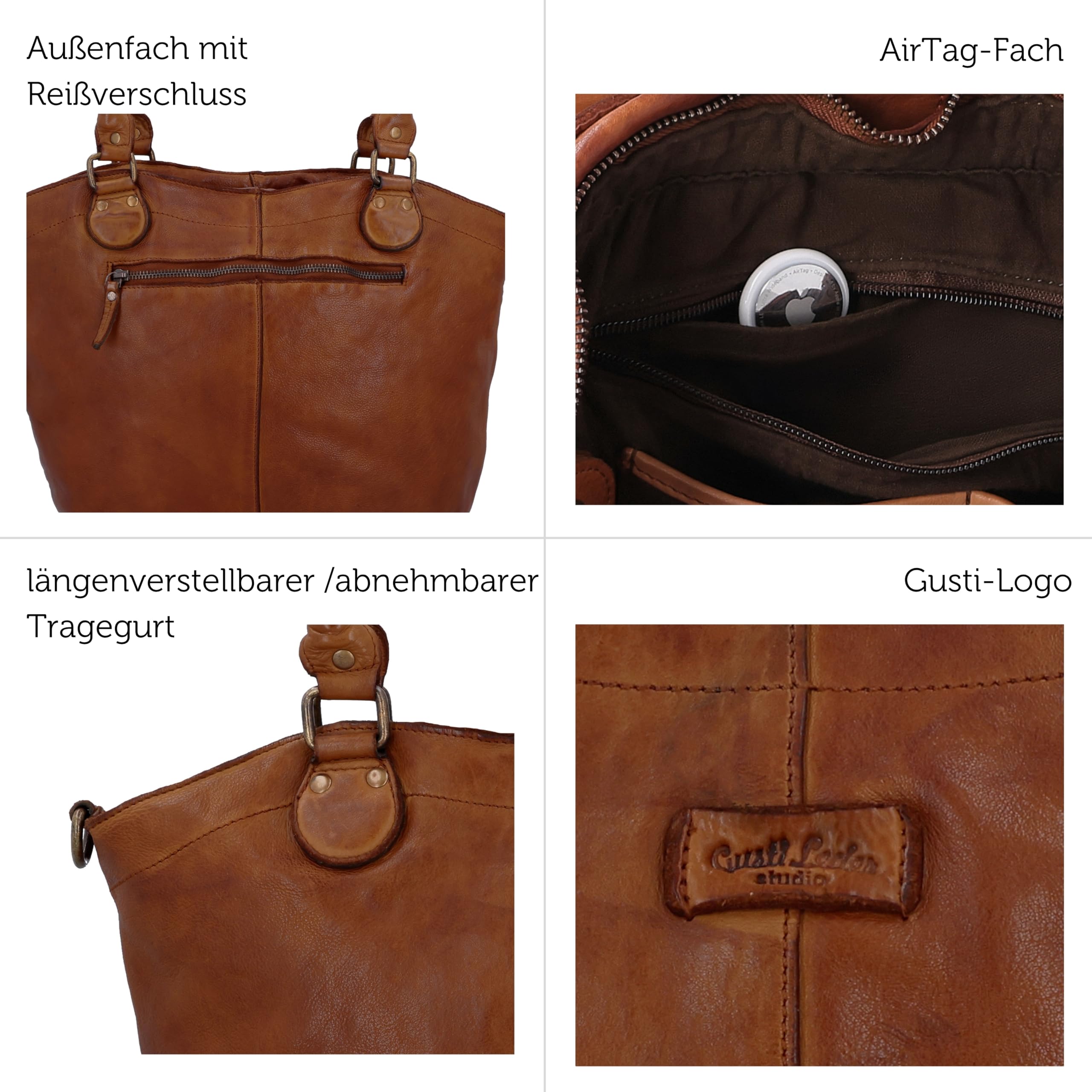 Gusti Leder Handtasche Damen Umhängetasche Mittelgroß – Hochwertiges Rindsleder Shopper Cognac Braun – Geräumige Ledertasche für Alltag und Büro