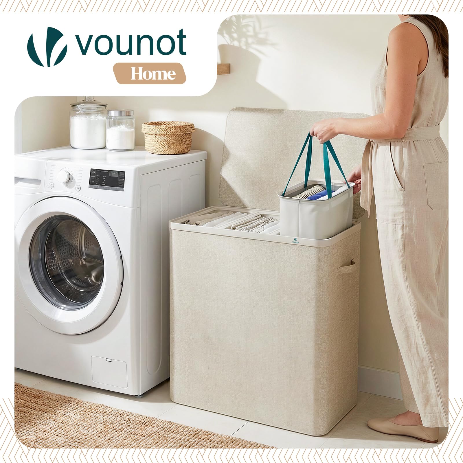 VOUNOT® Cesto Portabiancheria 170L Rettangolare a 3 Scomparti con Coperchio, Cesto Biancheria Grande Capacità con 3 Sacchi Rimovibili Autoportante e Manici, per Bagno, Camera e Lavanderia, Beige - 5