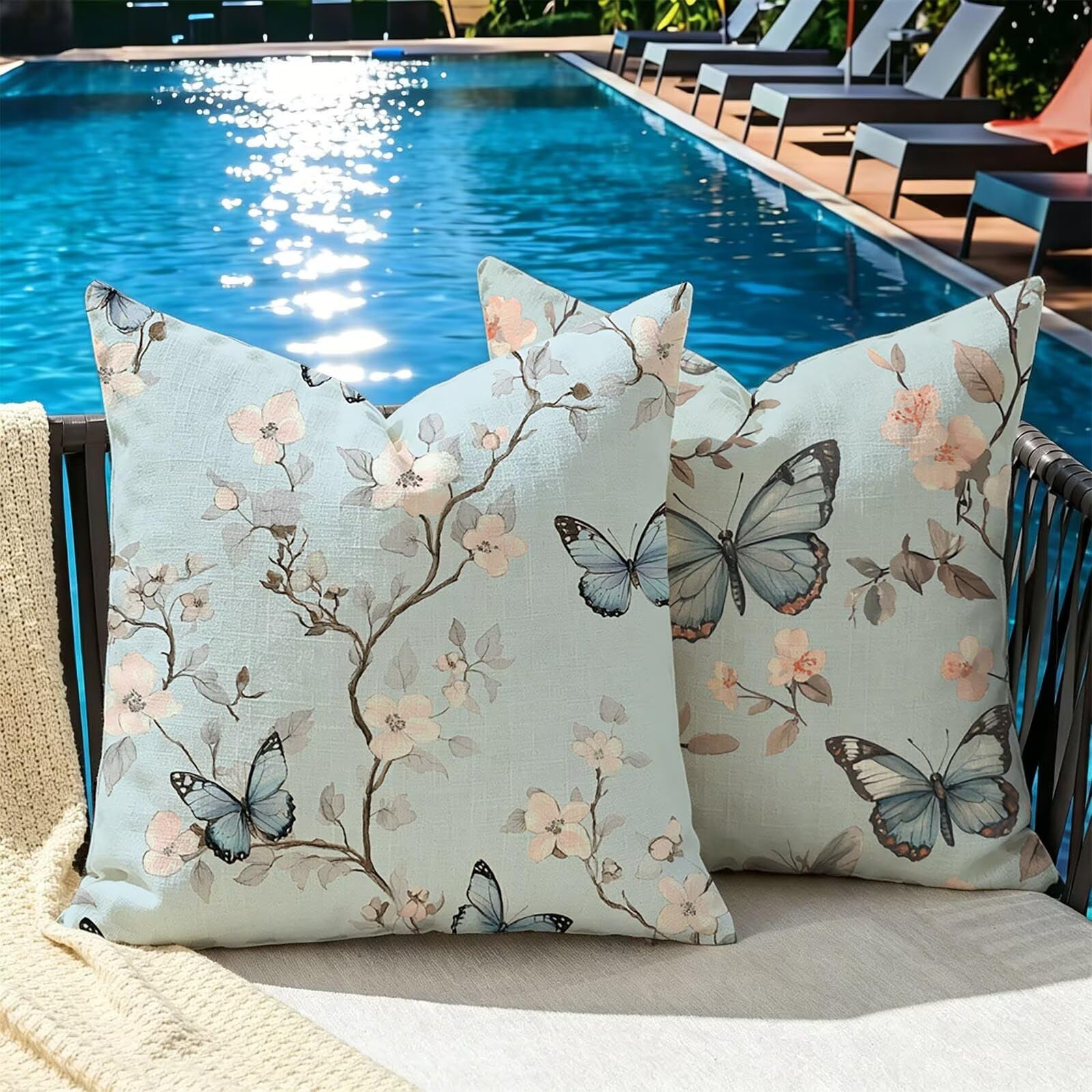 Cuscino Divano 65x65cm Set di 2, blu Farfalla Lino Cuscini per Divano