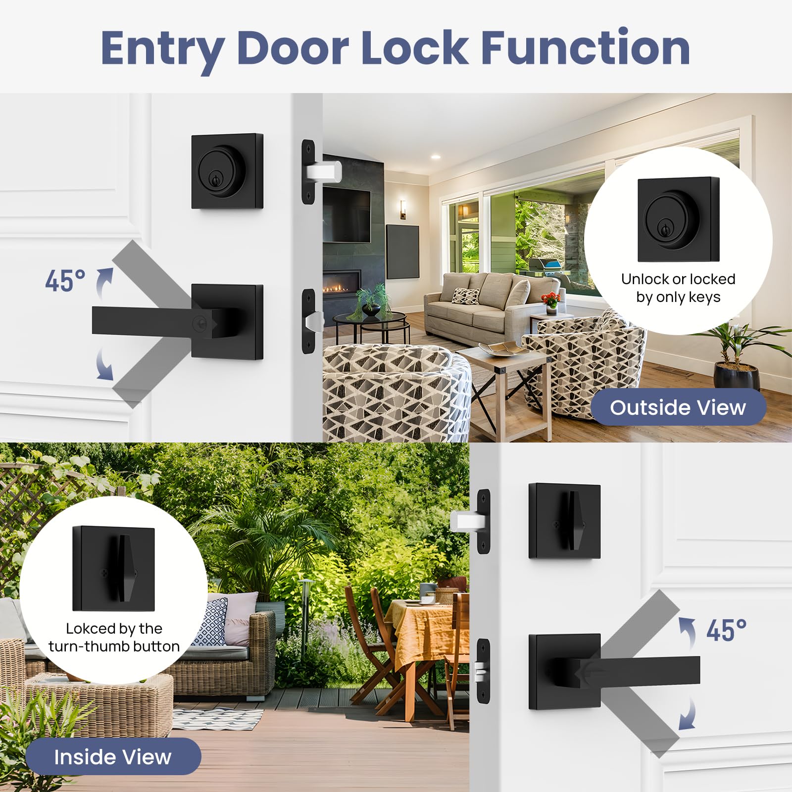 Estmoon Door Locks for Front Door, Matte Black Exterior Door Handle and Single Cylinder Deadbolt Lock, Heavy Duty Modern Square Front Door Handle and Deadbolt Set, Commercial Locks for Doors, 1 Pack — Amazon image 3