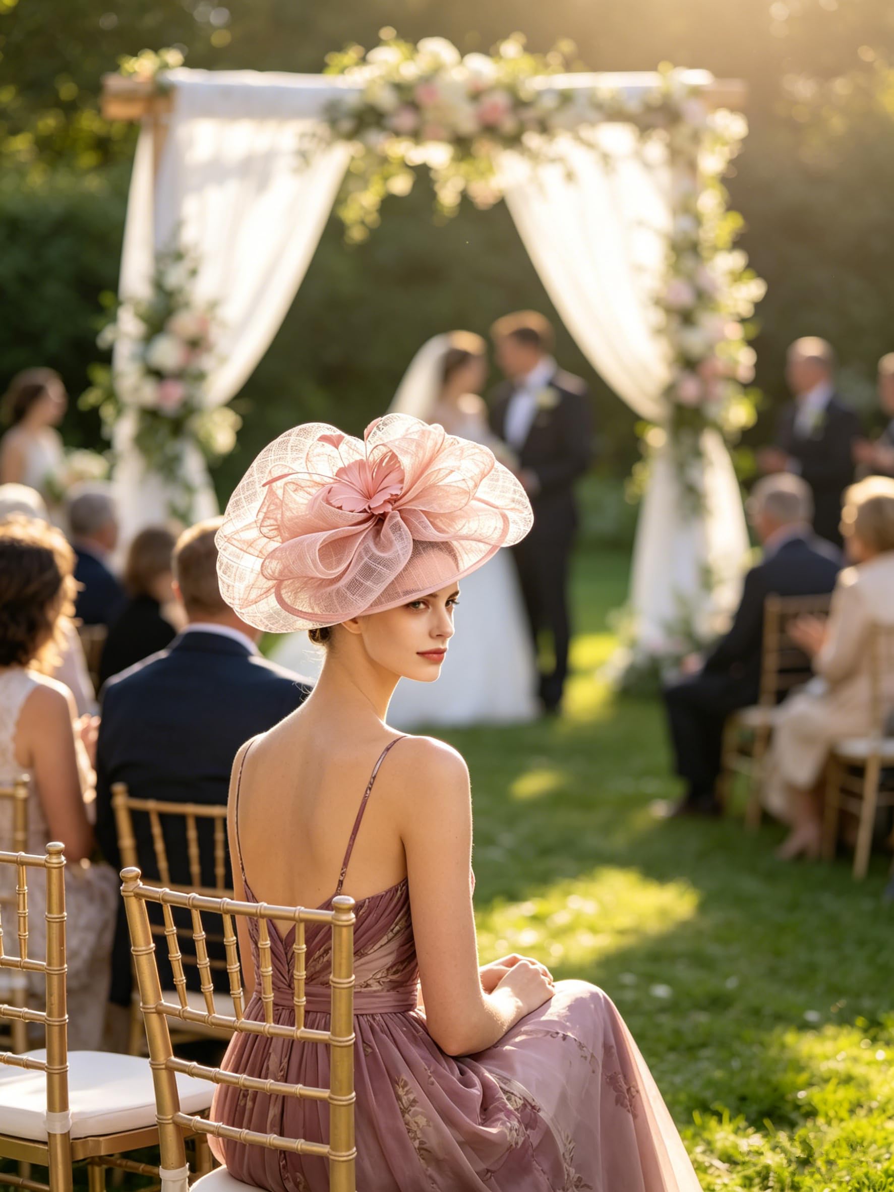 Cappello fascinator in sinamay con fiore di piume, perfetto per matrimoni, cocktail eventi e tea party, cappello derby da donna, B11-Sinamay Rosa Polveroso, M