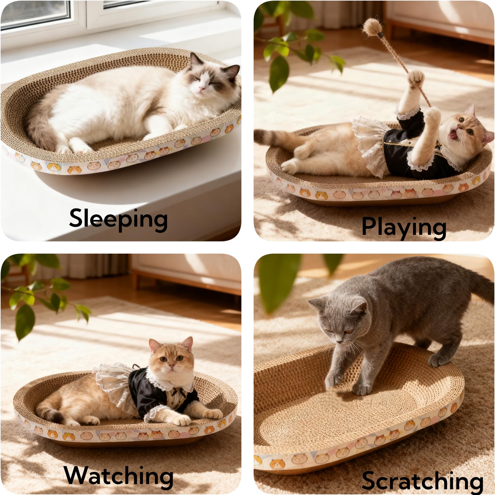 Pack de 3 Rascadores de Cartón para Gatos - Cama Rascador Ovalada Grande, Cojín para Interiores, Protector de Muebles en Forma de Nido - Cuidado de Uñas