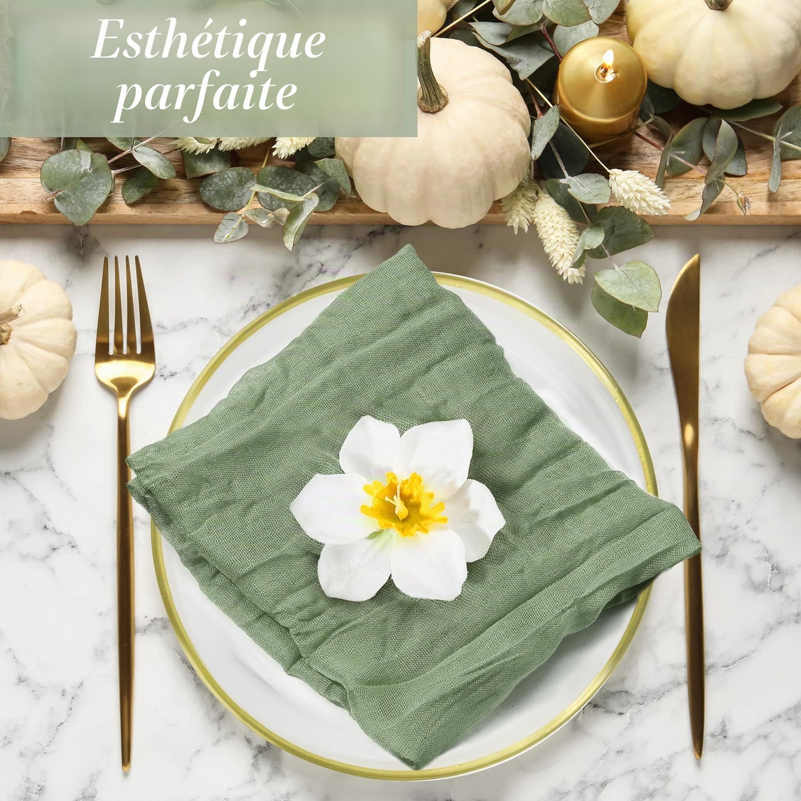 Lot de 100 Serviettes de Table en Gaze avec Motif ondulé pour décoration de Table de Maison, de Mariage - 50 x 50 cm (Vert Sauge)