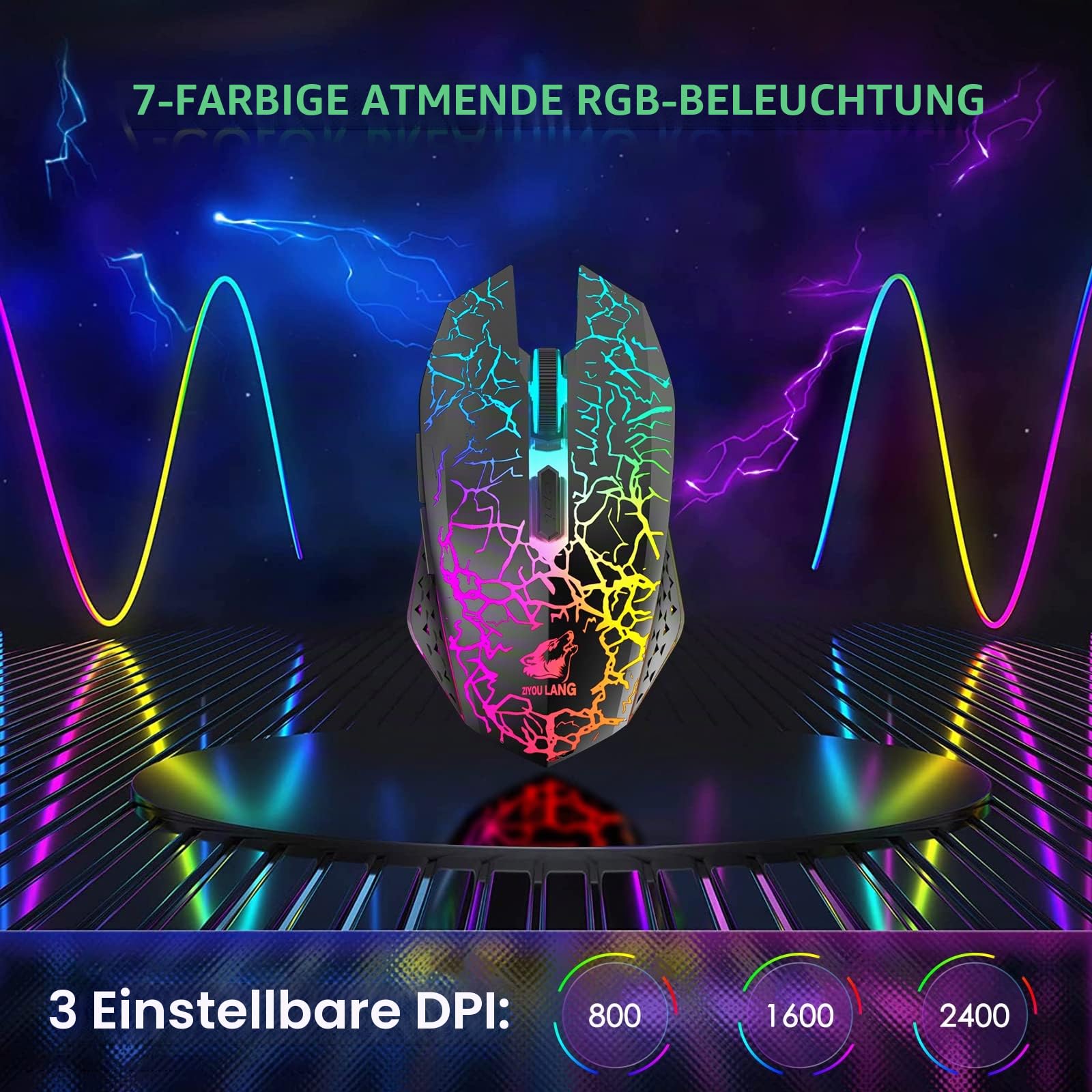 60% Kabellos Gaming Tastatur und Maus Combo Set 2,4 GHz Wiederaufladbare 3800 mAh Leise 61 Tasten Kompakttastatur mit Rainbow LED Hintergrundbeleuchtung + 2400 DPI 6 Tasten Rainbow LED Maus(Schwarz)