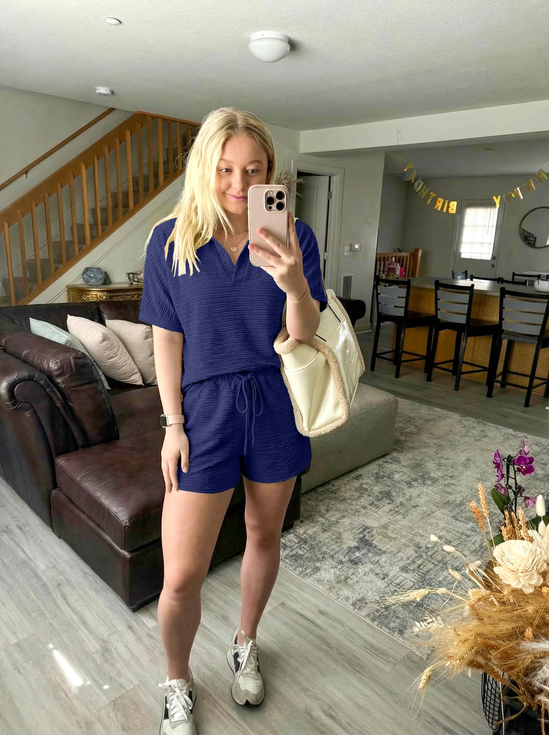 Conjunto de 2 piezas para mujer, de manga corta, con cuello en V, tops y pantalones cortos con cordón