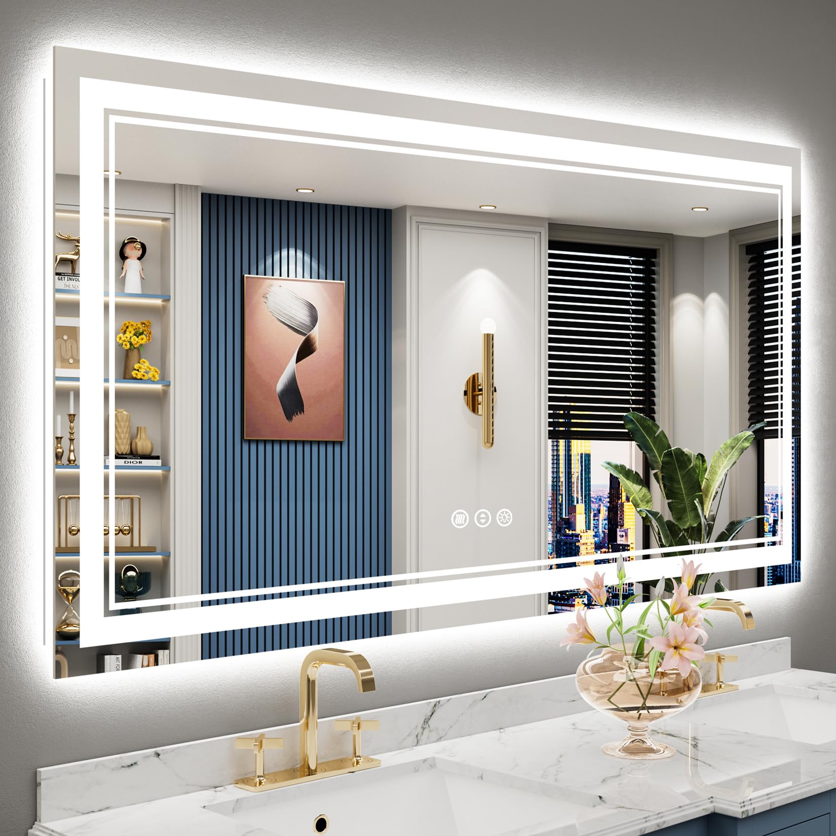 AWANDEE 60x30 LED Bathroom Mirror with Lights, Backlit and Front Lit Anti-Fog Lighted Vanity Mirror for Bathroom Wall, 3 Colors, Stepless Dimmable,