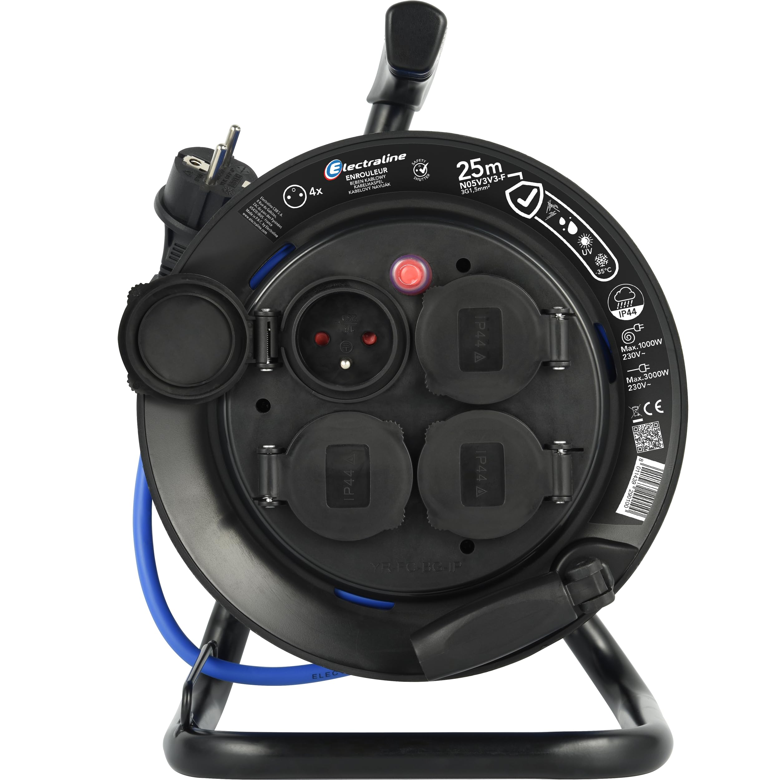 Electraline 29010 Rallonge Prolongateur électrique Outdoor Profesionnelle avec Enrouleur 25M, Câble spécial AT-N05V3V3-F 3G1.5, utilisable jusqu'à -35 °C, résistant aux UV, huiles, 4 Prises 16A IP44