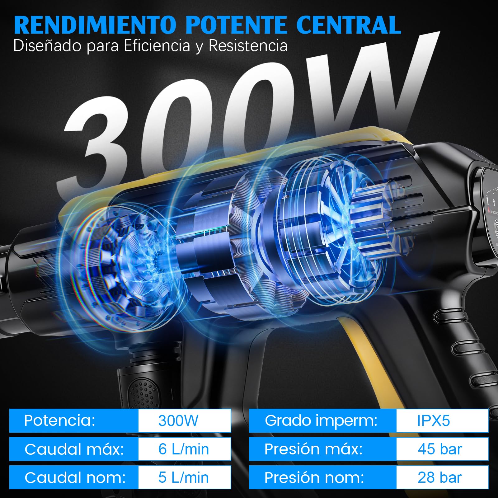 Hidrolimpiadora de Bateria, Pistola de Agua a Presión 45 Bar, Hidrolimpiadora Portatil con 2X Baterías 4000mAh, Boquilla 6 en 1, 5M Tubo, 360L/h para Limpiar Coche, Terraza, Limpieza y Riego