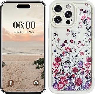 جراب حماية من السيليكون والبولي يوريثين الحراري للكاميرا مع طباعة مبهجة ثلاثية الابعاد لموبايل ابل ايفون 15 برو ماكس 6.7 بوصة (زهور باللون البيج)