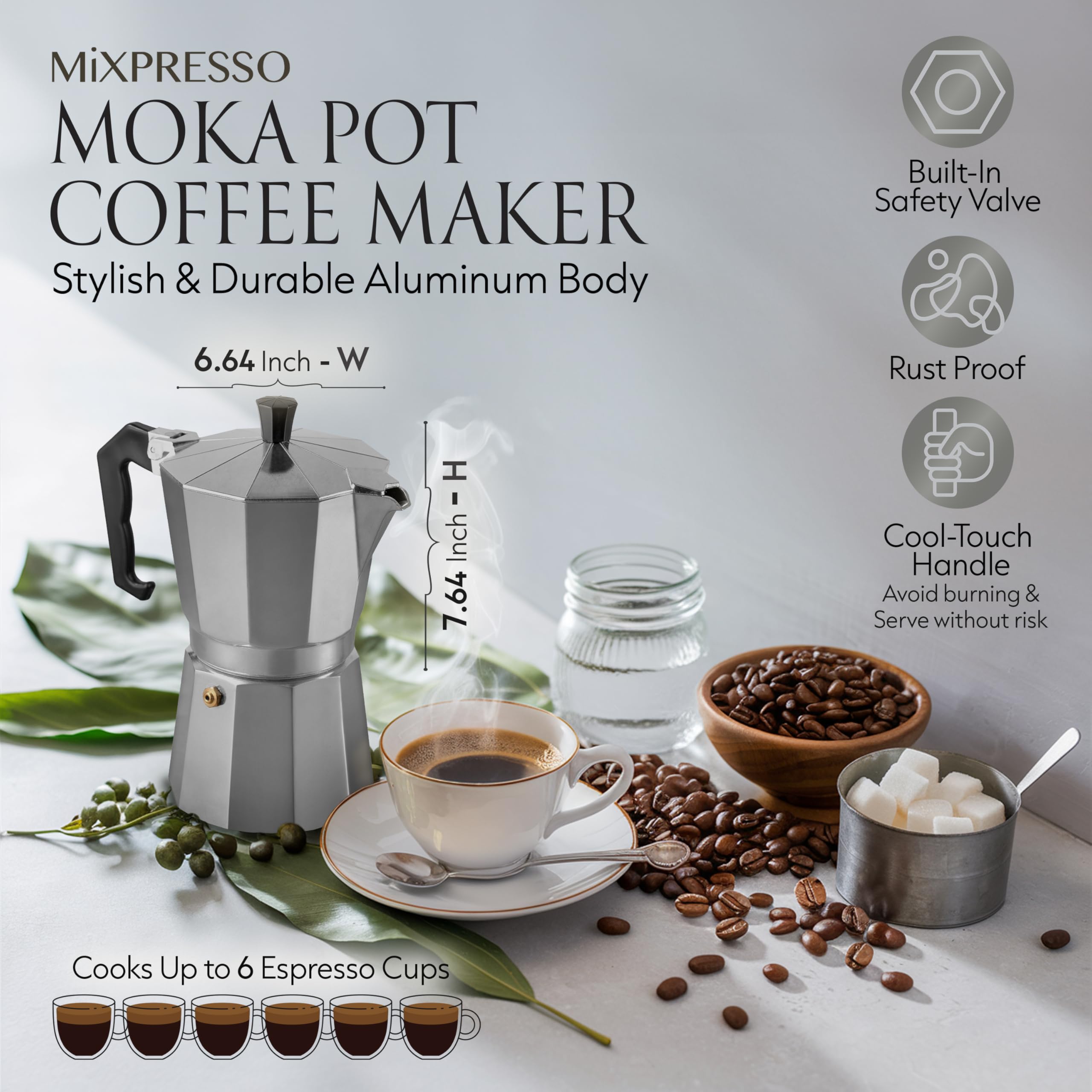 Mixpresso Cafetera de aluminio para 6 tazas, cafetera Moka Pot para preparar café italiano y cubano, cafetera italiana clásica, cafetera espresso Greca, cafetera de camping de 10 onzas