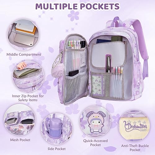 Miniatura 2 de Mochila Kawaii para niñas primaria primaria y media con múltiples bolsillos, bolsas casuales de viaje, Púrpura, Grande, dibujos animados