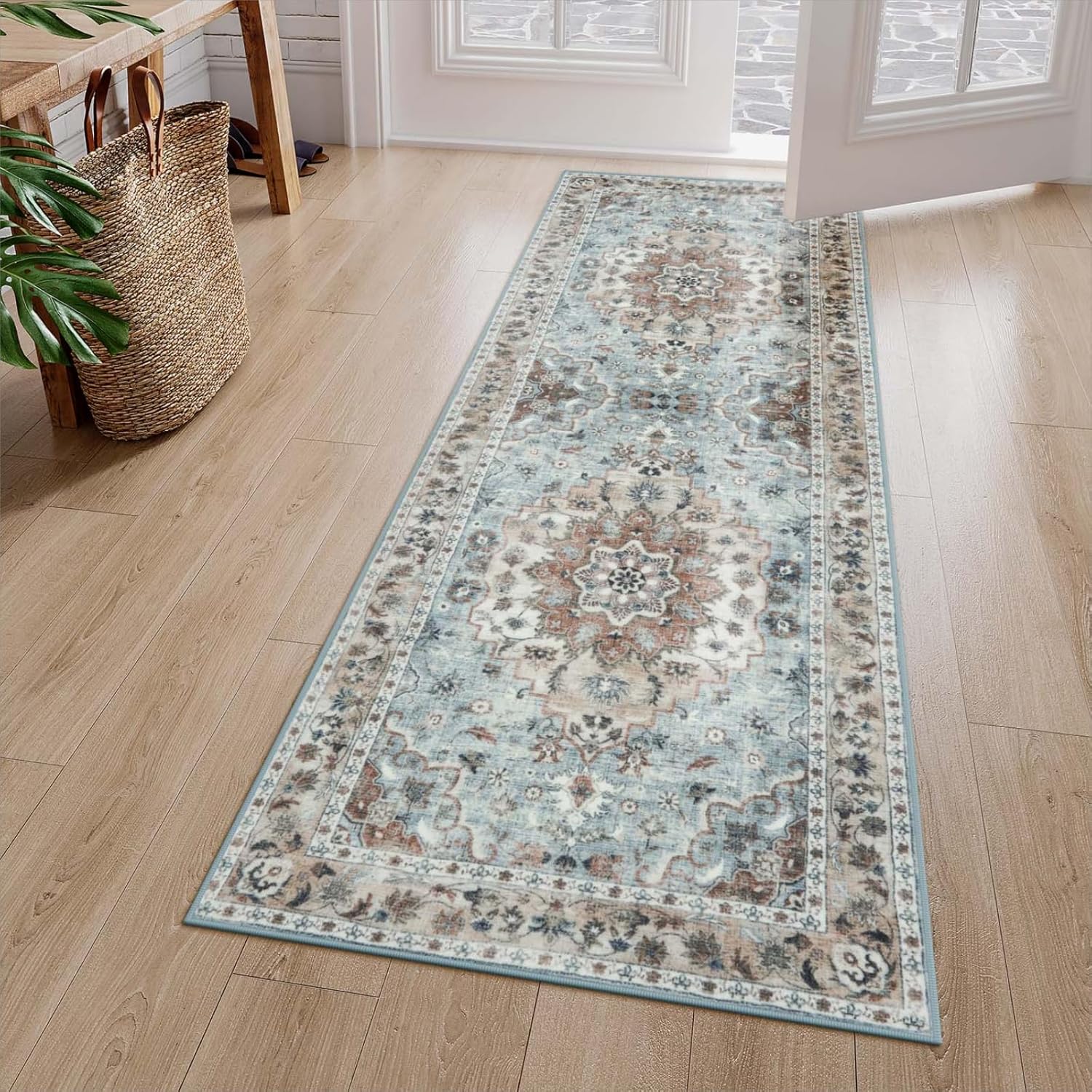 Green Floral 2' x 6' Washable Non-Slip Runner Rug