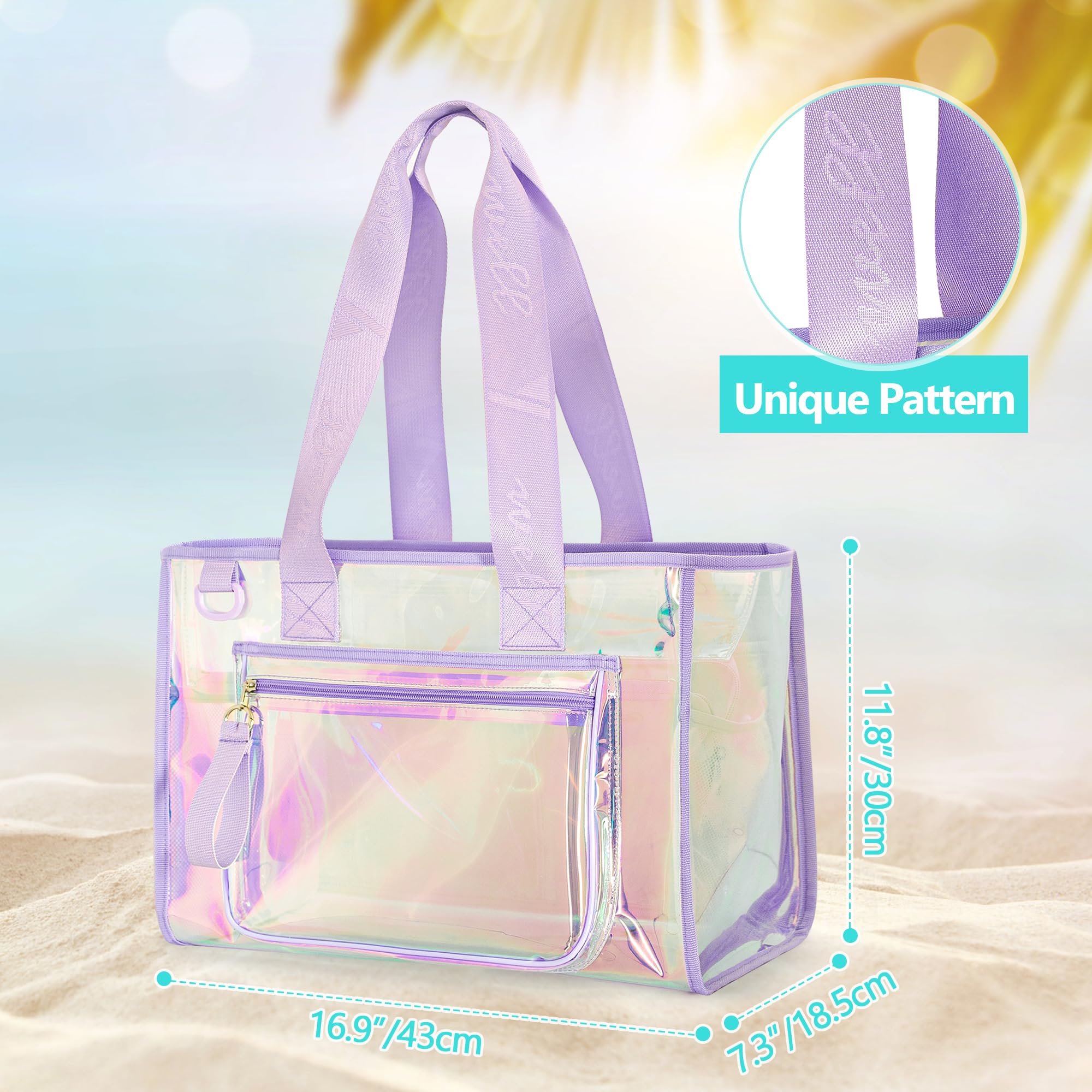 Yarwo Grand Sac de Plage Iridescent avec Poche Téléphone, Transparent | Avec Fini Irisé, Poche Devant pour Téléphone, Poches Intérieures et Grand Format Léger pour Plage, Piscine et Yoga