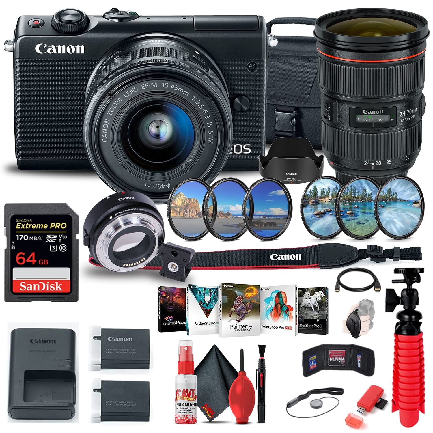 Canon EOS M100 Mirrorless Digital Camera with 15-45mm Lens (Black) (2209C011) + Canon EF-M Lens Adap