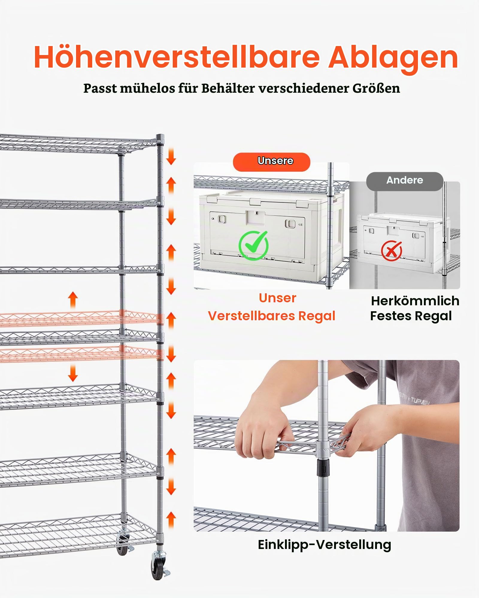 VEVOR Standregal, Lagerregal mit 7 Ebenen & 18 Stapelboxen, Bücherregal, Küchenregal mit Rollen, Werkzeugaufbewahrung für Garage, Lager, Büro, Restaurant, Klassenzimmer, Küche, 690x355x1490 mm