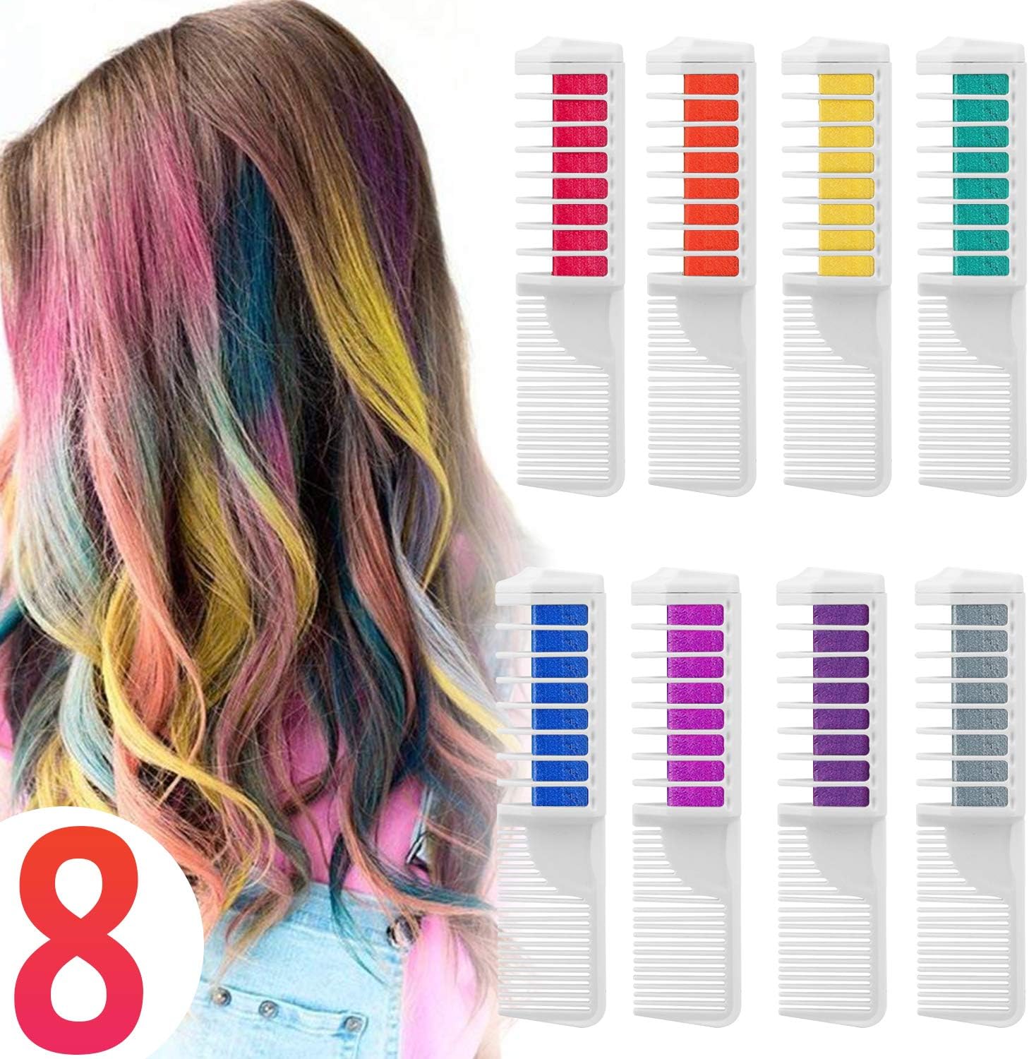 Hair Chalk Comb Temporary Hair Dye Hair Color Brush Glitter Paint for Adults Kids & Children - Boys & Girls Gift Idea Halloween Set of 8 pcs
