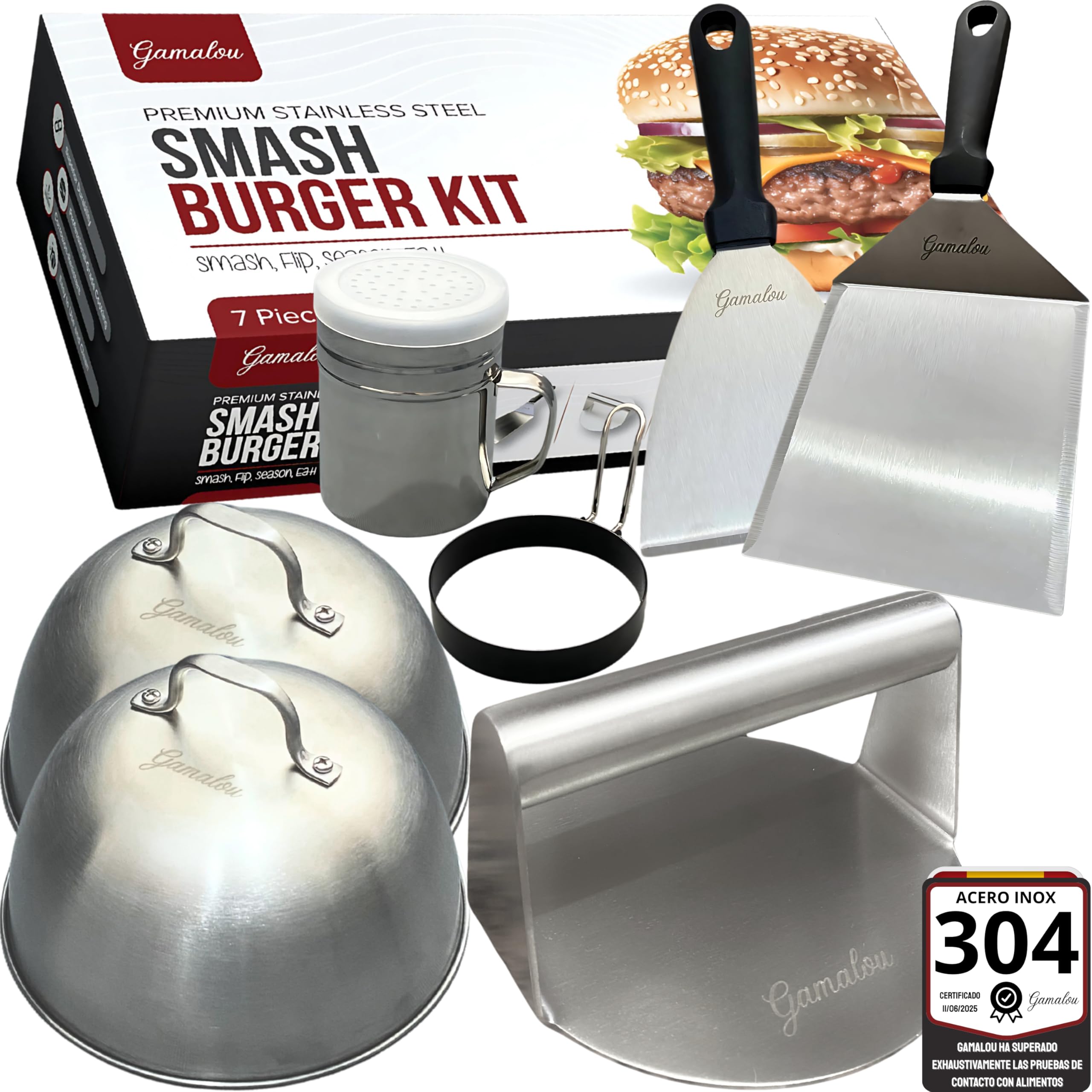 Smash Burger Profesional Kit Inox 304: Prensa Hamburguesas Smasher Antiadherente, Set de 2 Campanas, Espátulas y Bote para Especias, Ideal para Parrilla, Plancha o Sartén - Certificado UE