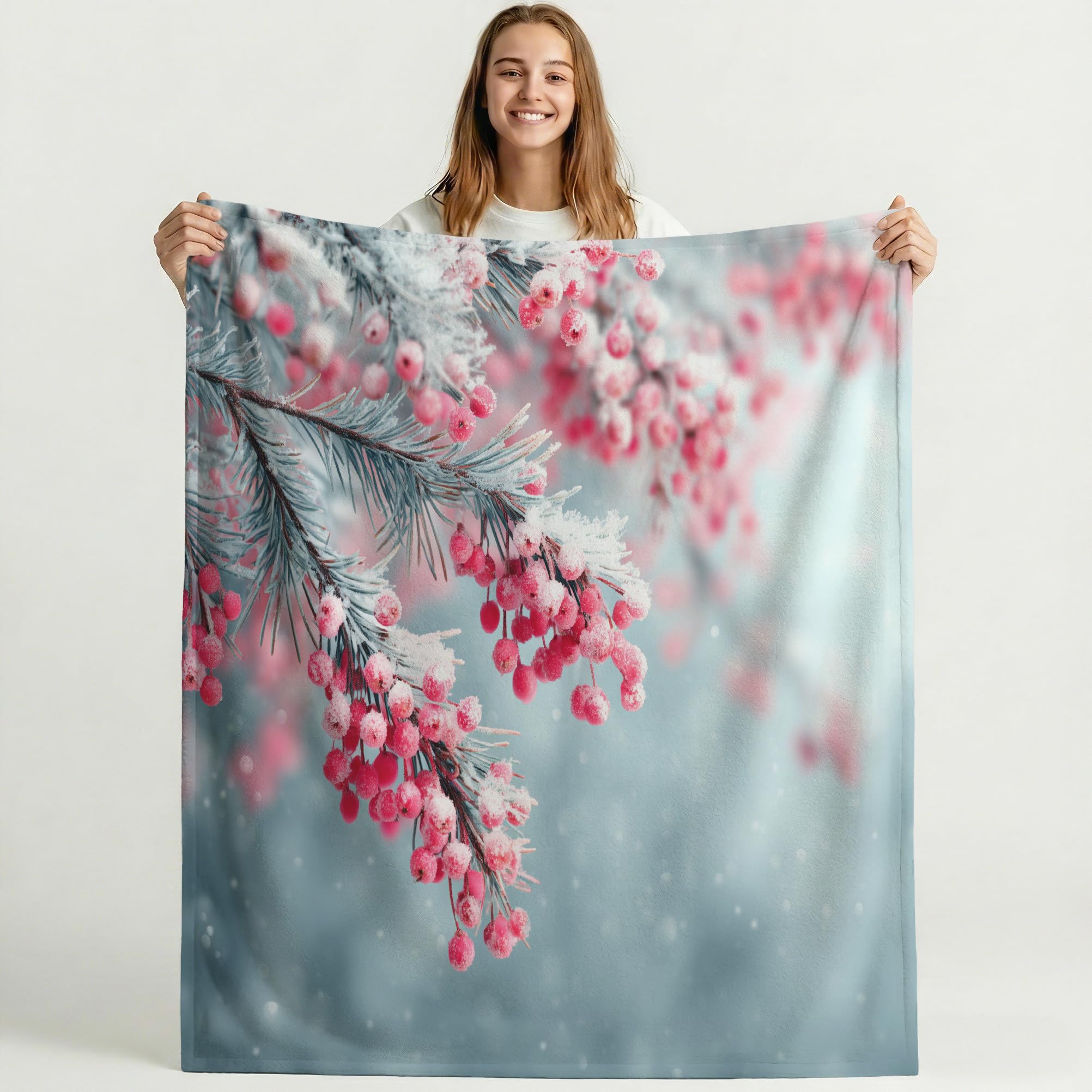 Generico Coperta Singolo Grigio Nebbia Lavabile in Lavatrice, Calda e Confortevole Coperte Pelosa per Divano e Letto, Floreale Bacche Ghiacciate Inverno Coperta Delicata sulla Pelle 150 x 200 cm