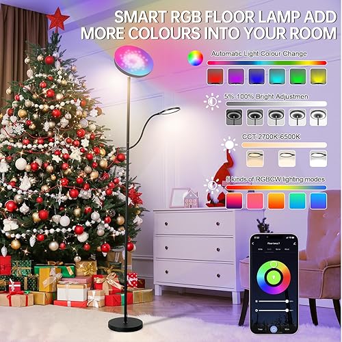 Miniatura 2 de Lámpara de pie RGB con luz de lectura regulable, 36 W3000 lúmenes, lámpara LED de pie alta moderna y brillante, 3 temperaturas de color, lámpara de