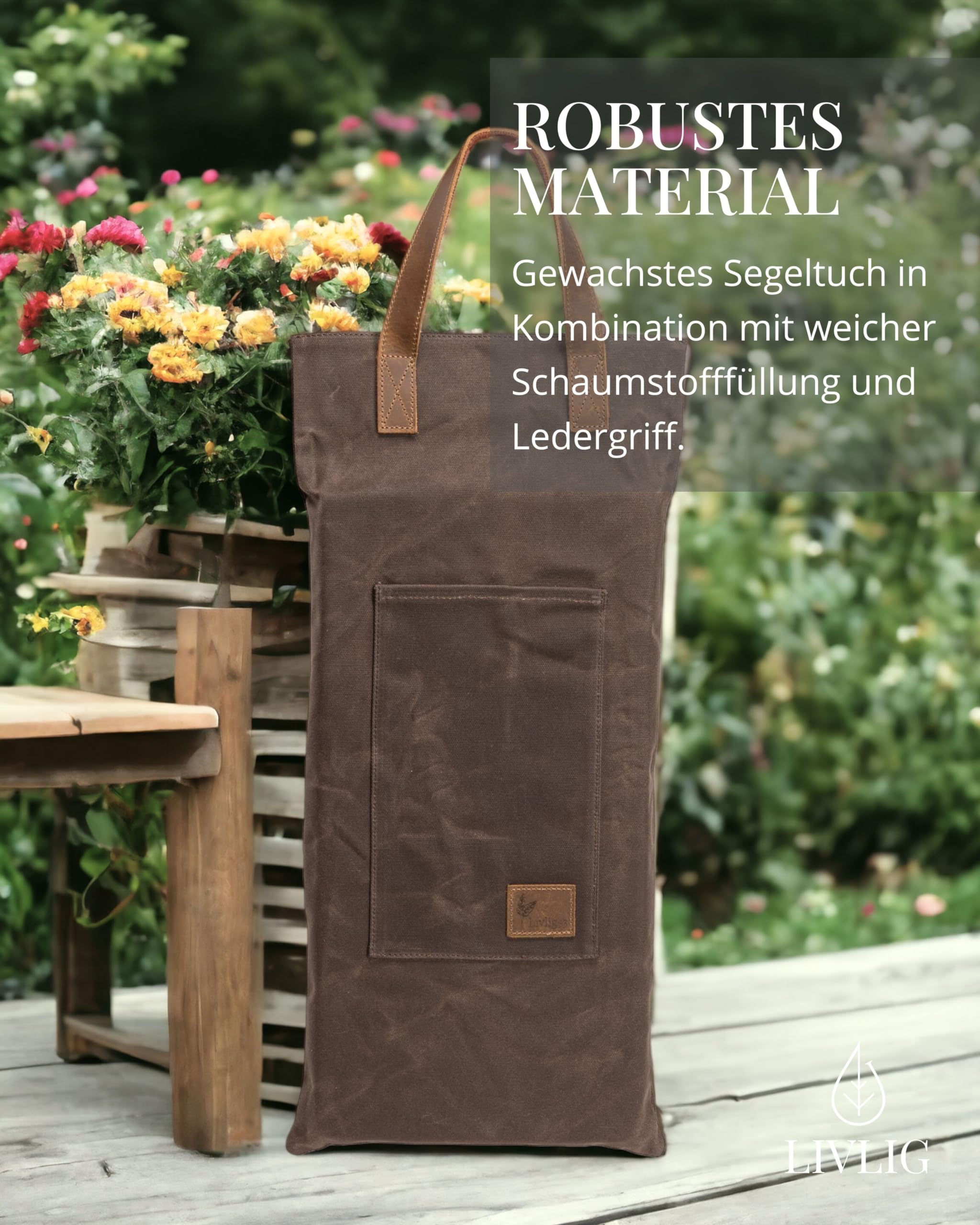 LIVLIG Kniekissen Garten 45×22 cm, wasserabweisendes Kniepolster aus gewachstem Canvas mit Ledergriff, Garten Kniekissen für Gartenarbeit & Handwerk, Braun
