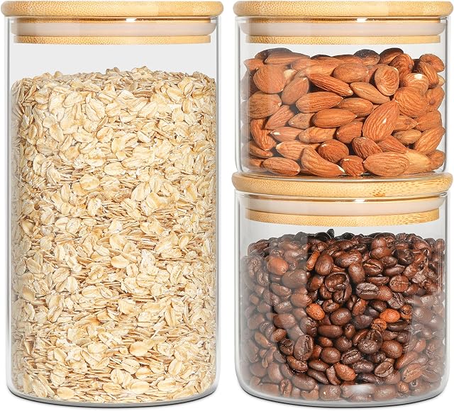 ComSaf Glass Storage Jars with Lids Set of 3 - High Borosilicate Glass Airtight Kitchen Food Canister Cylinder Clear Preserving Seal Containers with Lid Canning Cereal Spice (500/600/1200ML)