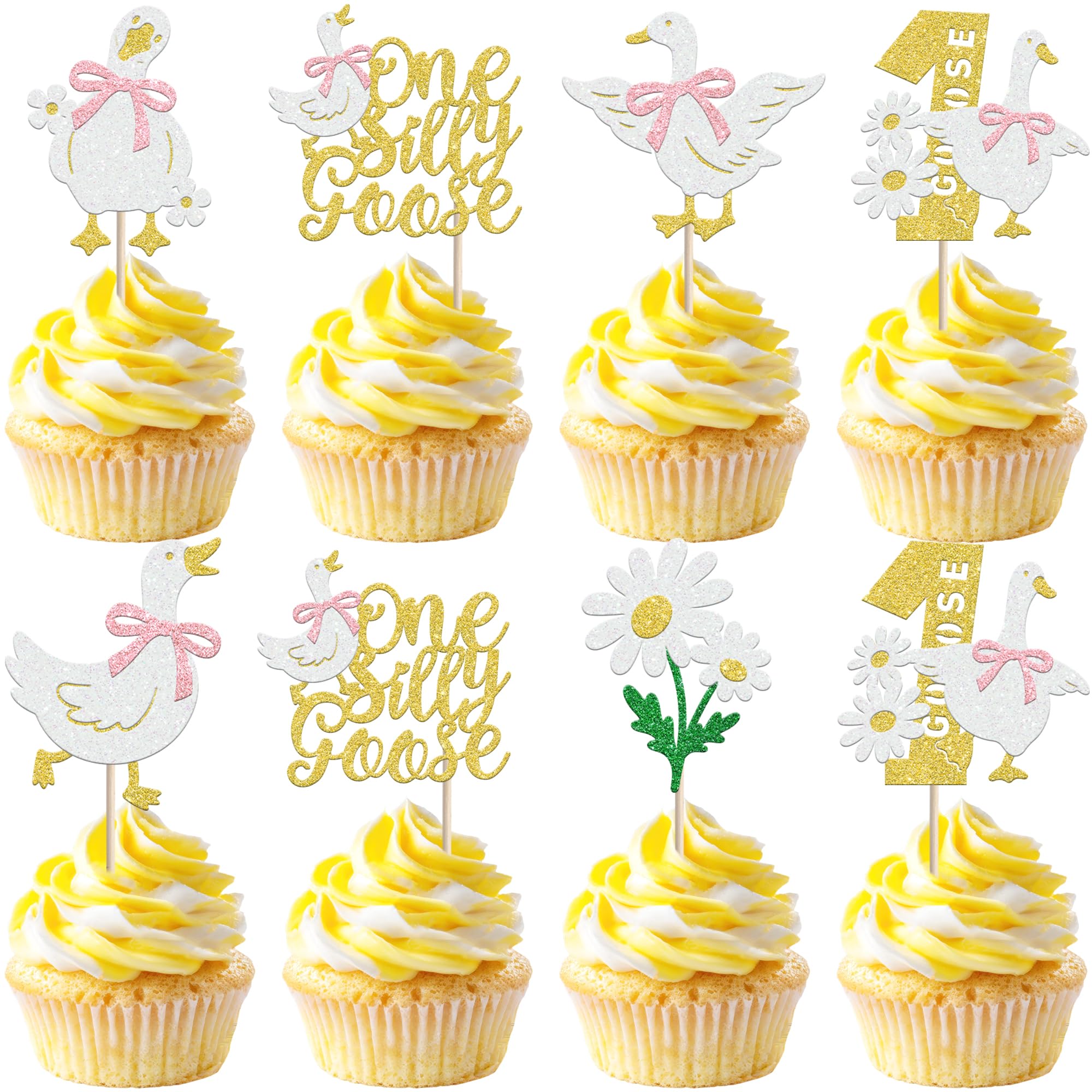 SYKYCTCY 24 Pack Goose 1st Birthday Cupcake Toppers One Silly Goose Cupcake Picks Goose Cake Decorations for Animal Theme Baby Shower First Birthday Party Supplies Gold
