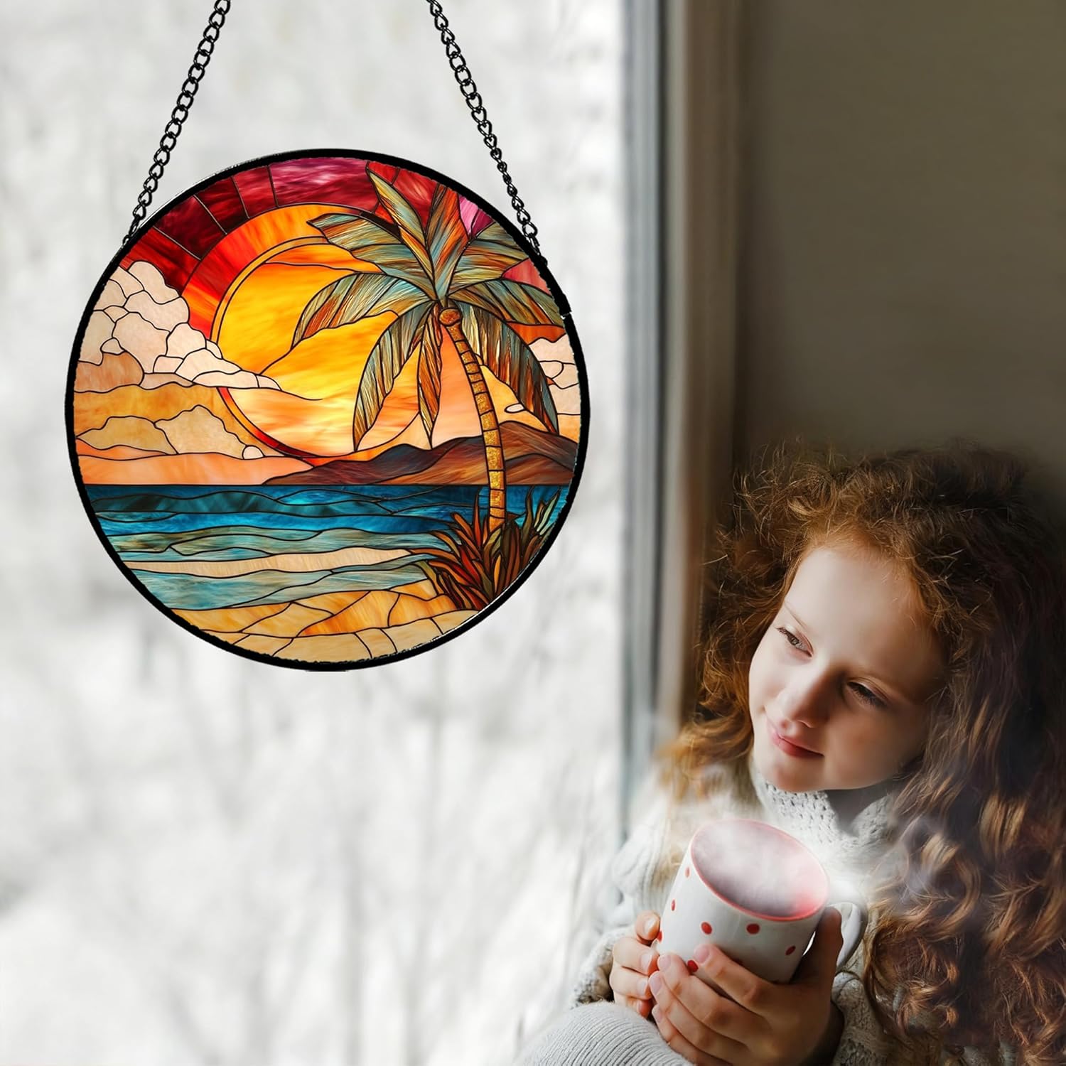 CHATYOUNG Stained Glass Window Hanging Sunrise Over A Blue Ocean Landscape Large 15" - Suncatcher Door Garden Home Decor Birthday Christmas for Men Woman Mom Nana Grandma Girl Dad