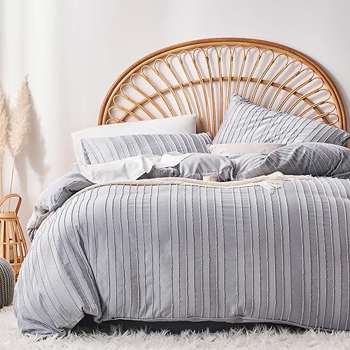 Senville Funda de edredón tamaño Queen, patrón texturizado a rayas, juego de fundas de edredón suaves y ligeras de color gris para todas las
