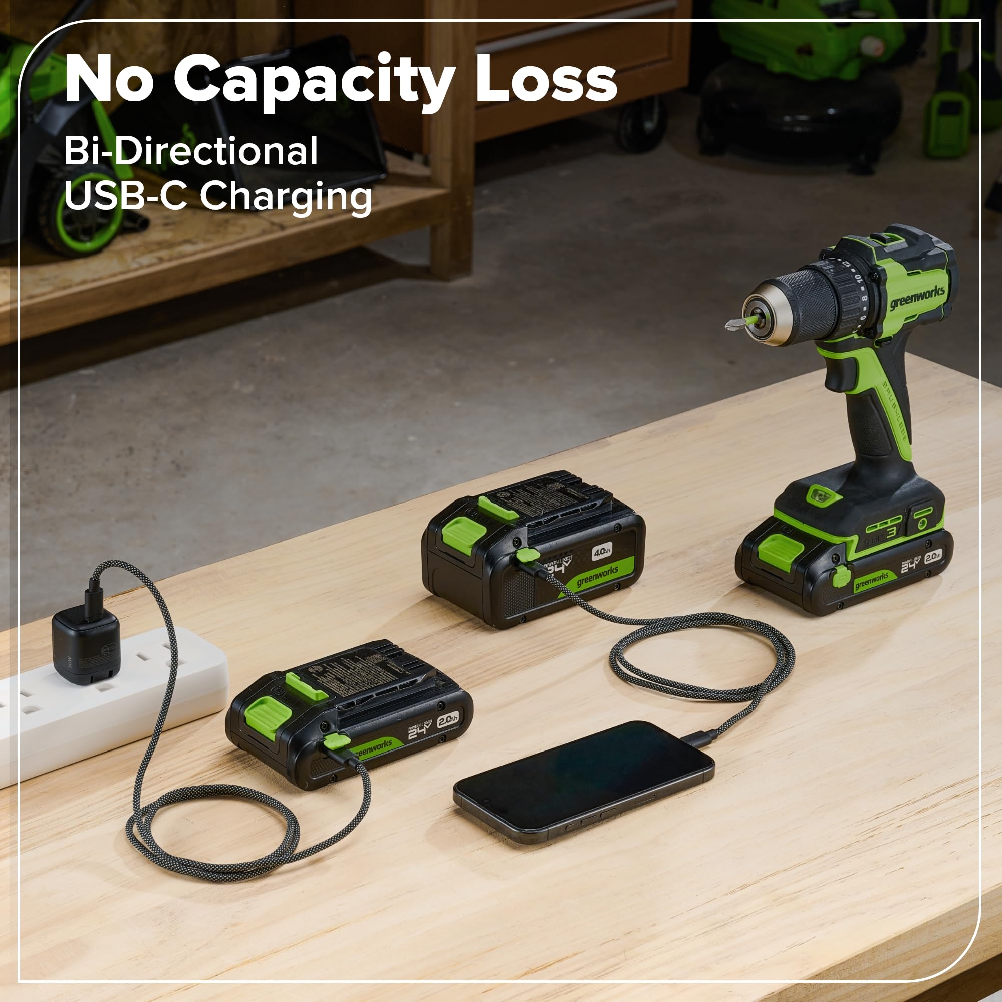 Greenworks 24V Trapano Avvitatore a Batteria 45Nm Brushless Trapano Avvitatore Batteria, luce di lavoro a LED, frizione 18 + 1, batteria USB-C 2.0Ah (12.000mAh), caricabatteria USB-C da 30W DD345