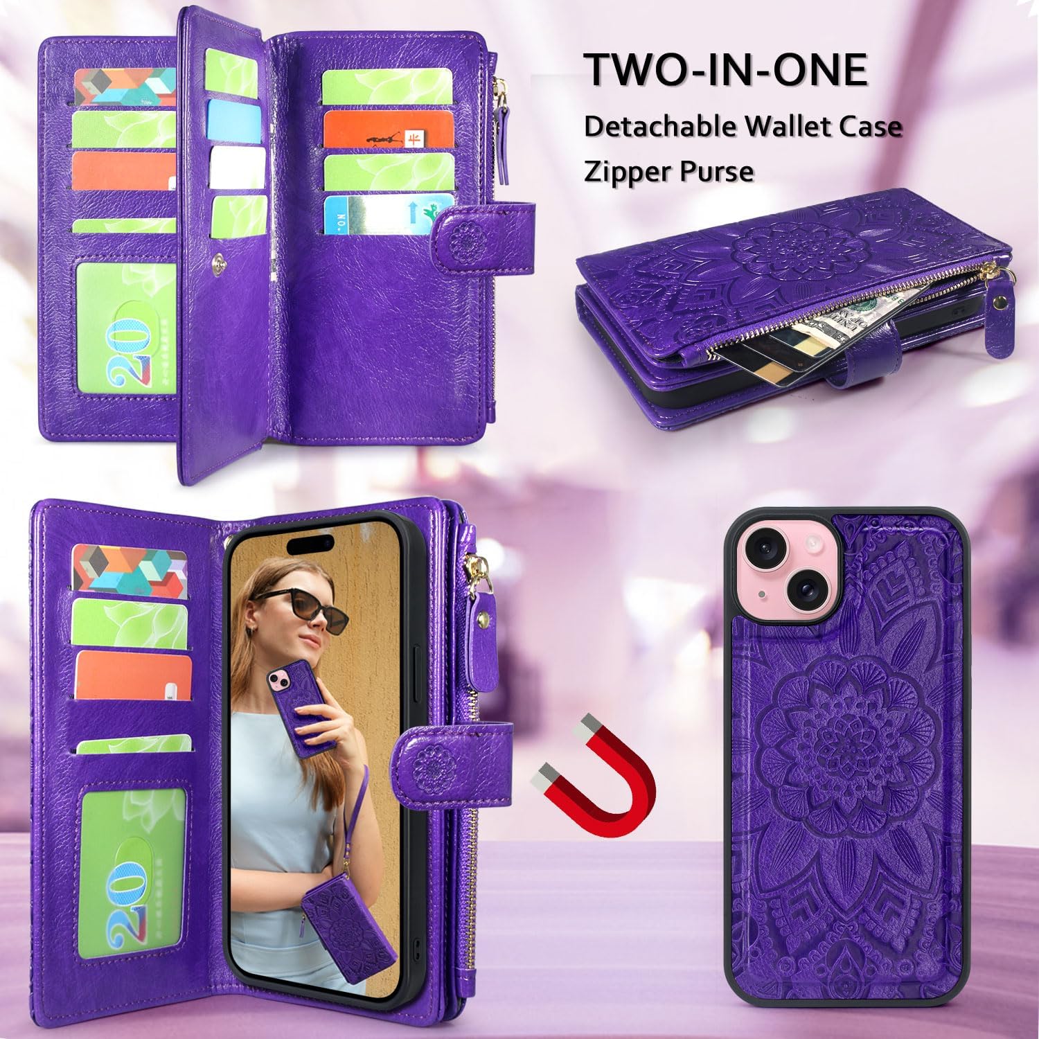Harryshell Compatible with iPhone 14 6.1 inch 5G 2022 Wallet Case Detachable Magnetic Cover Zipper Cash Pocket Multi Card Slots Holder Wrist Strap Lanyard (Floral Purple) - Image 3