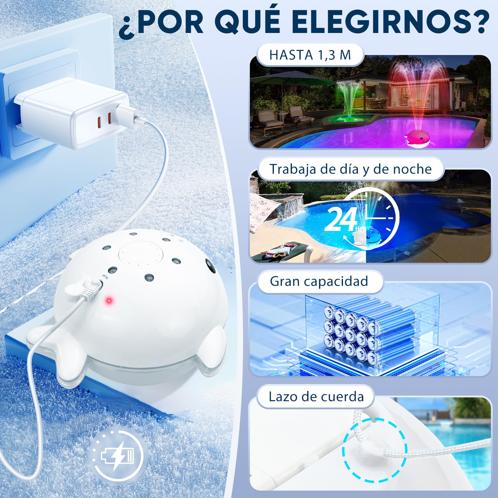DeeprBling Fuente Flotante para Piscina con Espectáculo de Luces Subacuáticas, Fuente para Piscina Recargable, 2 Modos de Pulverización con Botones y Control Remoto, 7 Modos de Luz & Temporizador